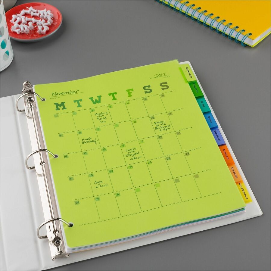 8 x Divider(s) - 8 - 8 Tab(s)/Set - 8.5" Divider Width x 11" Divider Length - 3 Hole Punched - Translucent Plastic Divider - Multicolor Plastic Tab(s) - Customizable, Hole-punched, Insertable, Sturdy, Durable, Tear Resistant, Flexible, PVC-free - 1 Set