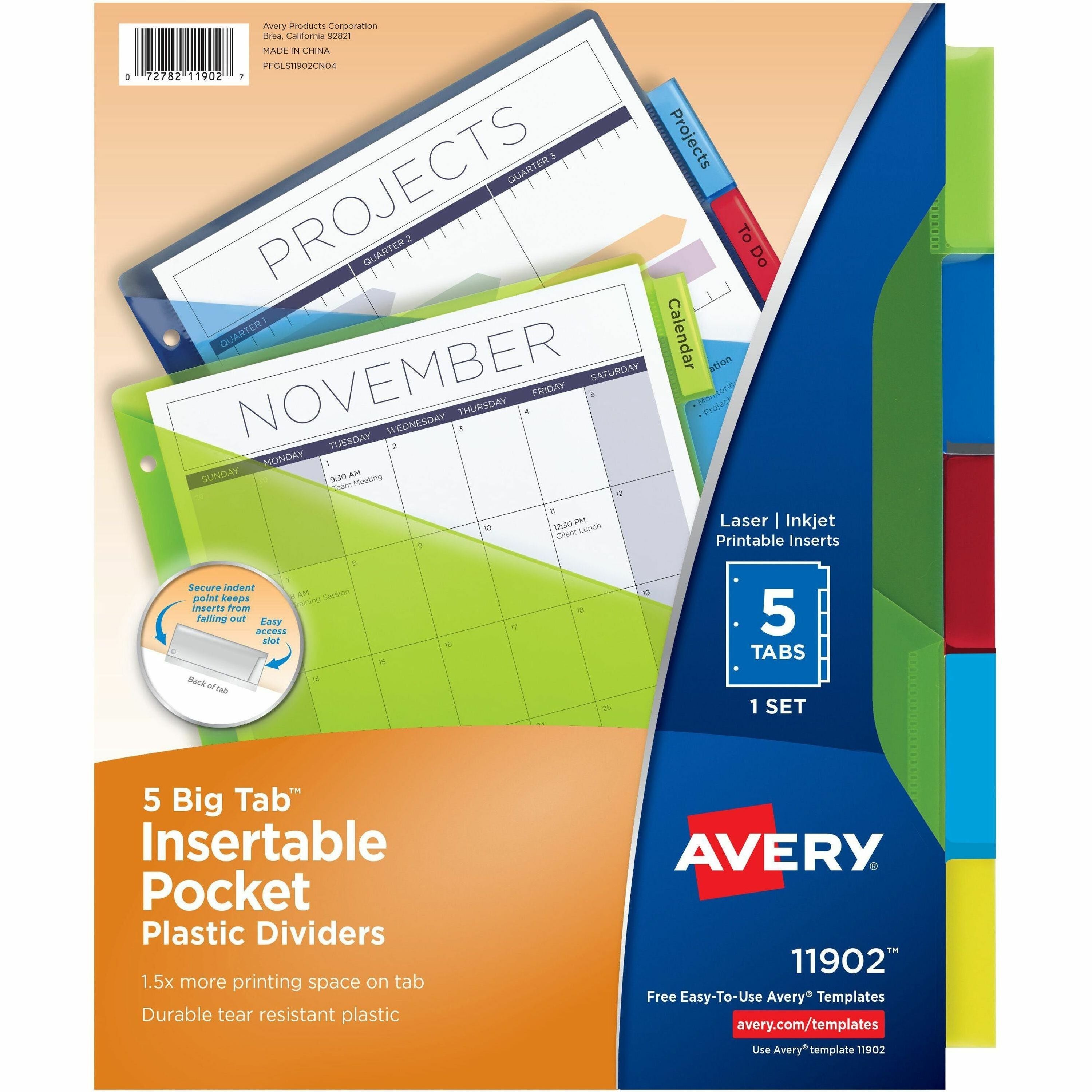 Avery&reg; Big Tab Insertable Plastic Dividers with Pocketsfor Laser and Inkjet Printers