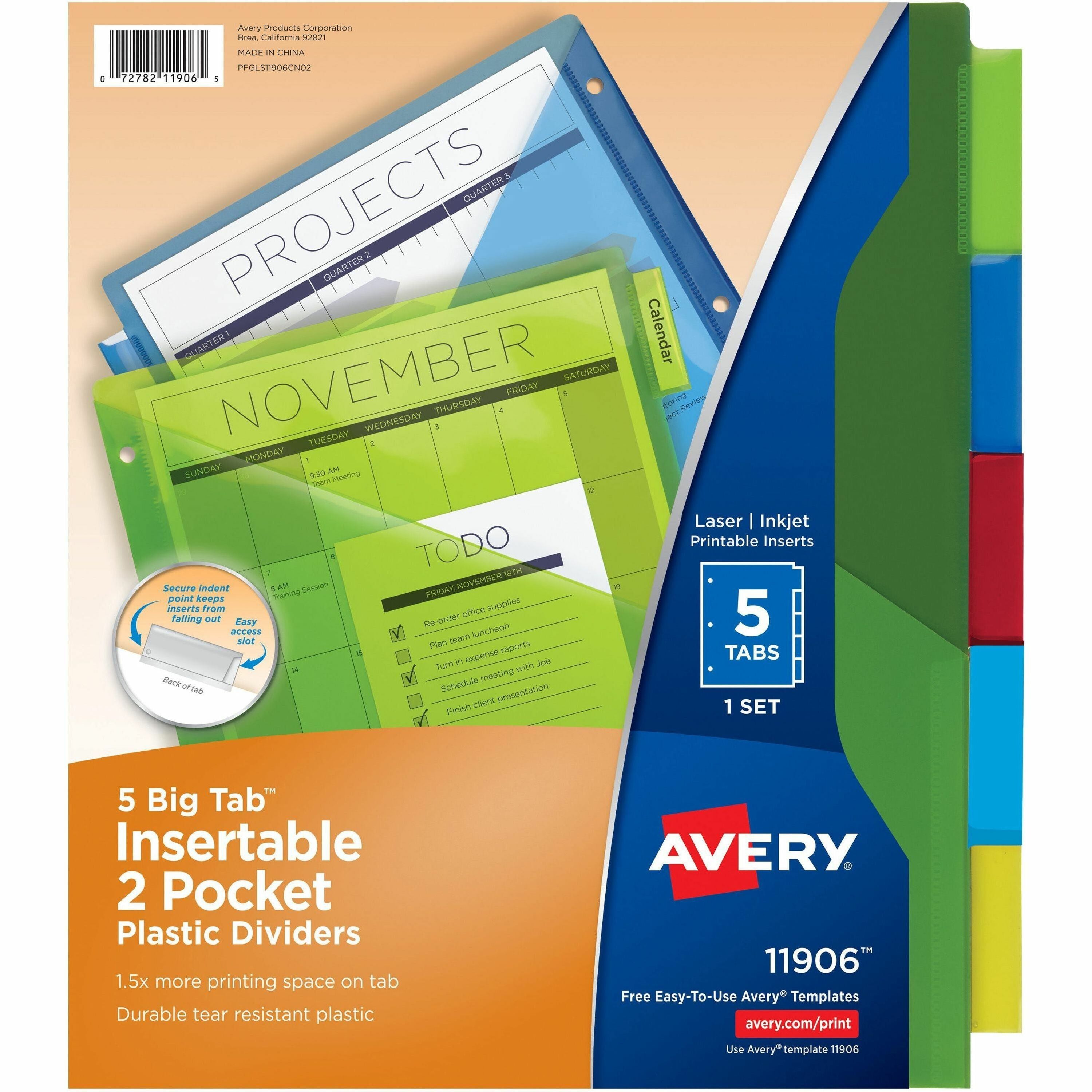 Avery Big Tab Insertable 2-Pocket Dividers, 5 Dividers, 5 Multicolor Plastic Tabs, 3-Hole Punched, 1 Set