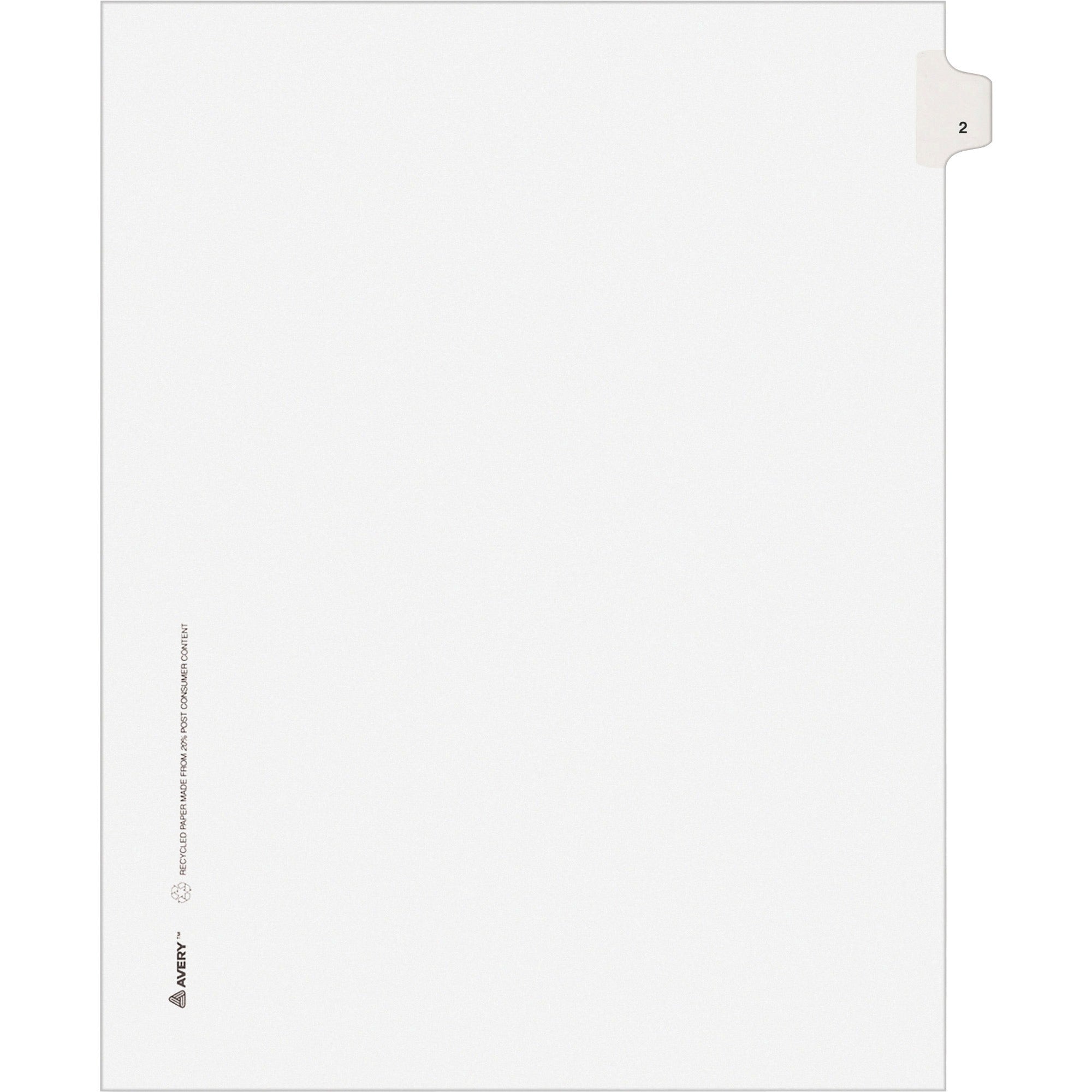 Avery Individual Legal Exhibit Dividers, Avery Style, Unpunched, 25 Dividers/Pack, Digit "2" Printed Tabs, Letter Size, White, Reinforced Rip Proof Tabs, 20% Recycled Content