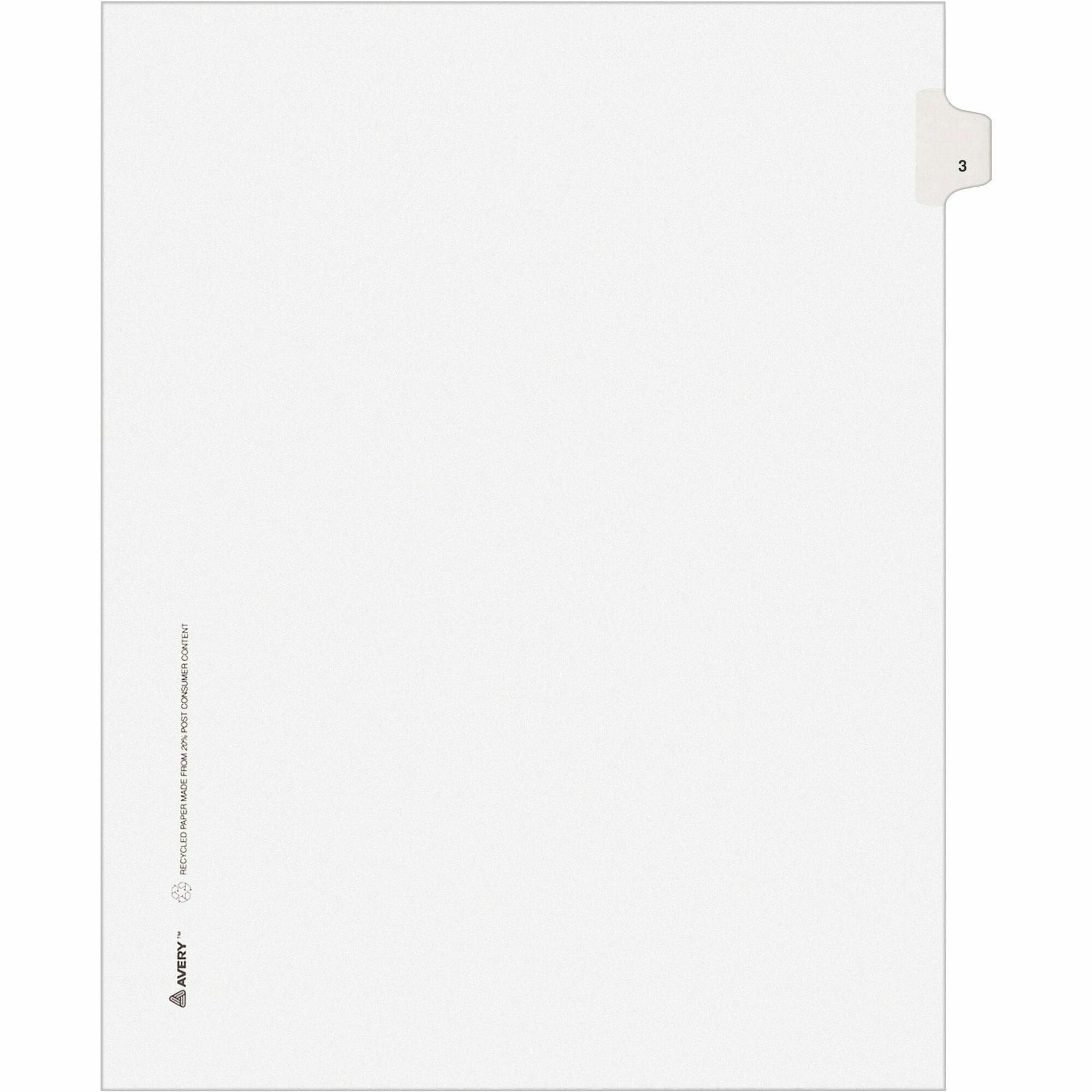 Avery Individual Legal Exhibit Dividers, Avery Style, Unpunched, Digit 3, 25 White Paper Dividers with Reinforced Rip Proof Tabs, Letter Size, 1 Tab per Set, 25 per Pack, 20% Recycled Content