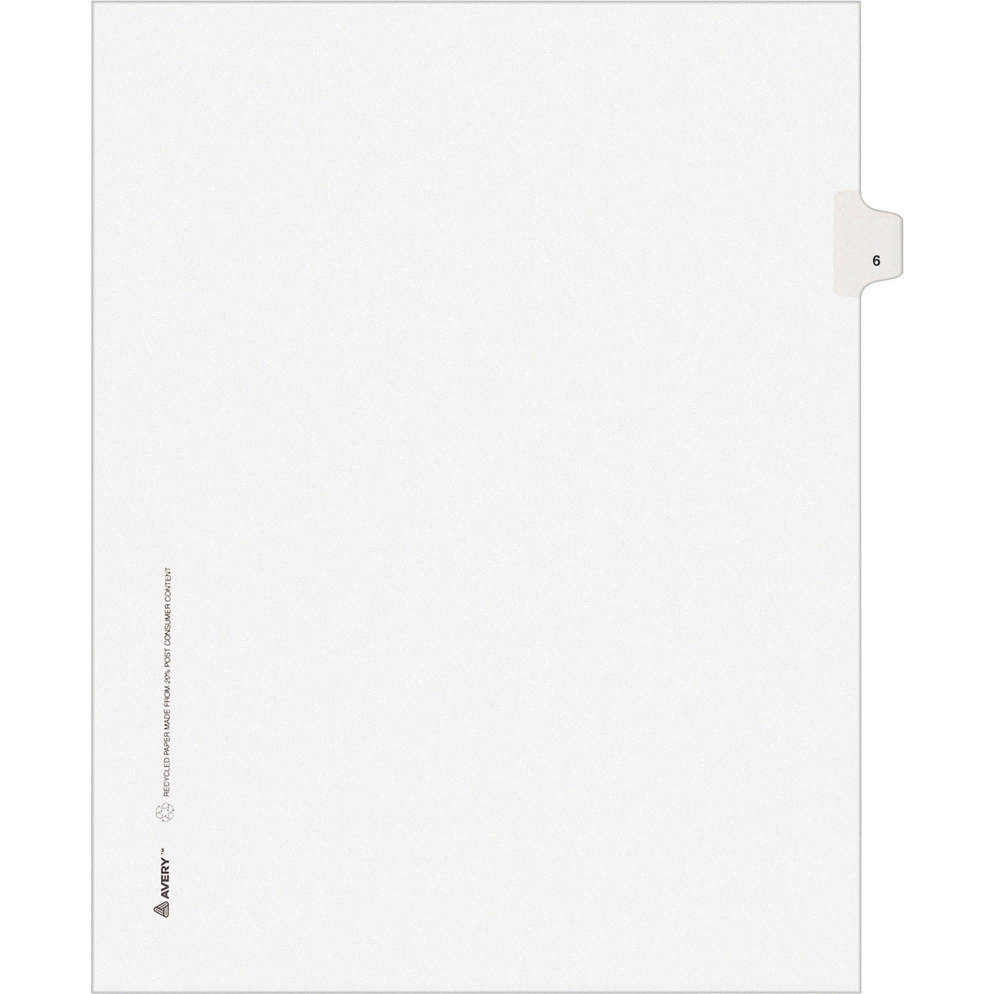Avery Individual Legal Exhibit Dividers, Avery Style, Unpunched, 25 Dividers, 25 Printed Tabs, Digit 6, Letter Size, White, Reinforced Rip Proof Tabs, 20% Recycled, 25/Pack