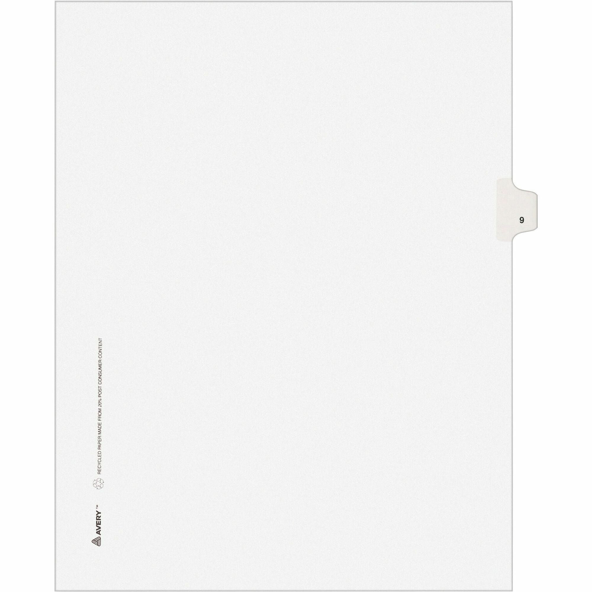 Avery Individual Legal Exhibit Dividers, Avery Style, Unpunched, Digit 9, 25 Dividers/Pack, 8.5" x 11", White Paper, White Reinforced Rip Proof Tab, 20% Recycled Content
