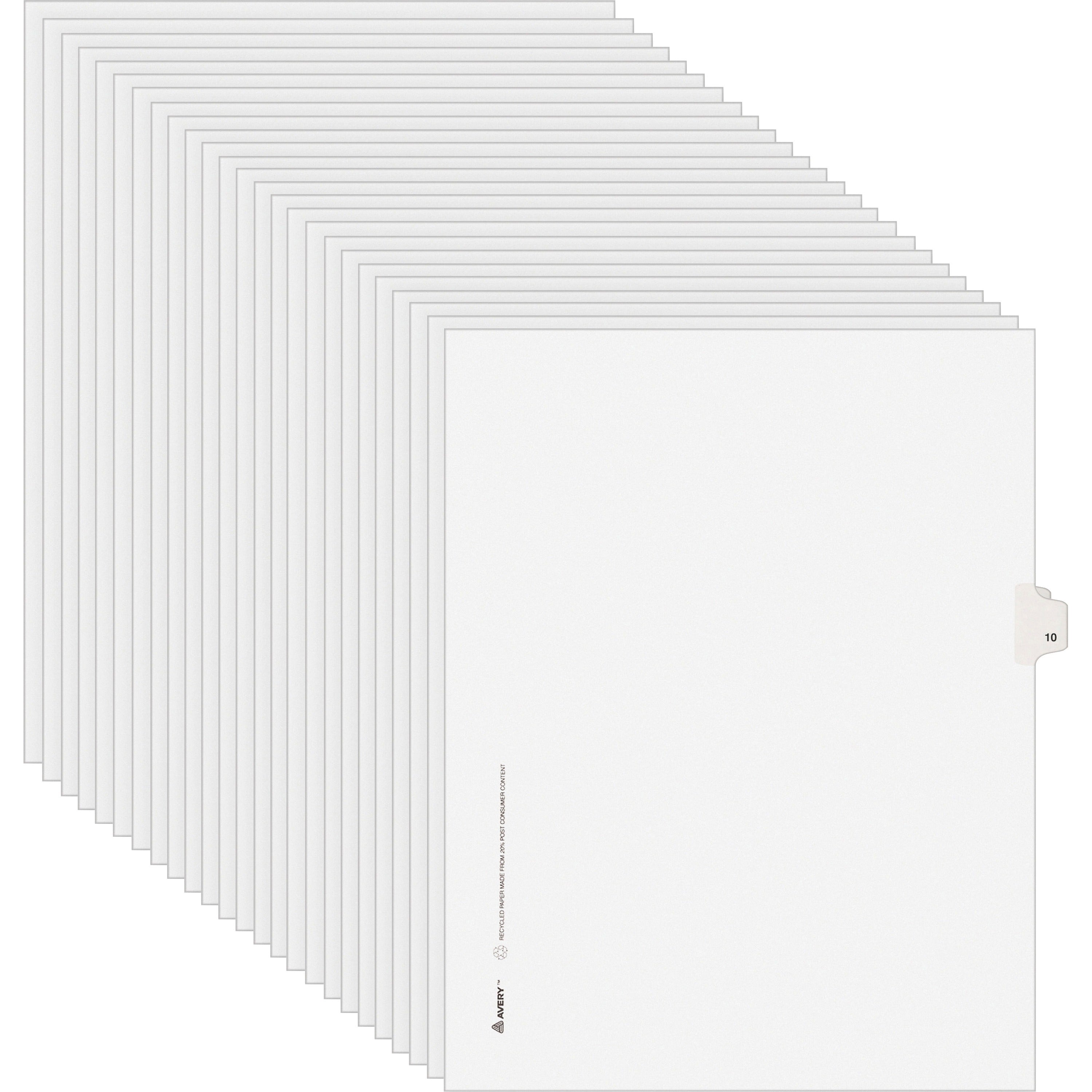Avery Individual Legal Exhibit Dividers, Avery Style, Unpunched, 25 Dividers/Pack, Digit 10, 8.5" x 11", White Paper, White Reinforced Rip Proof Tab, 20% Recycled Content