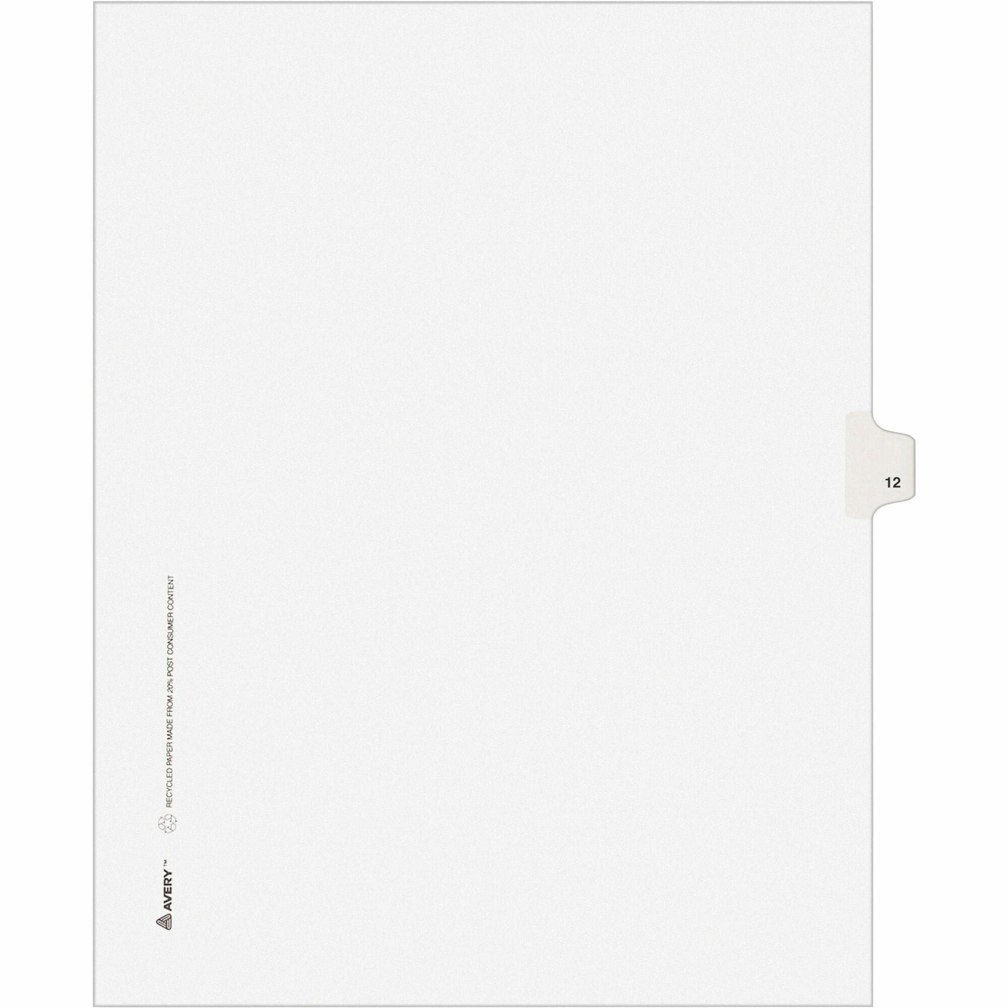 Avery Individual Legal Exhibit Dividers, Avery Style, Unpunched, 25 Dividers, 25 Printed Tabs (Digit 12), Letter Size, White, Reinforced Rip Proof Tabs, 20% Recycled, 1 Pack