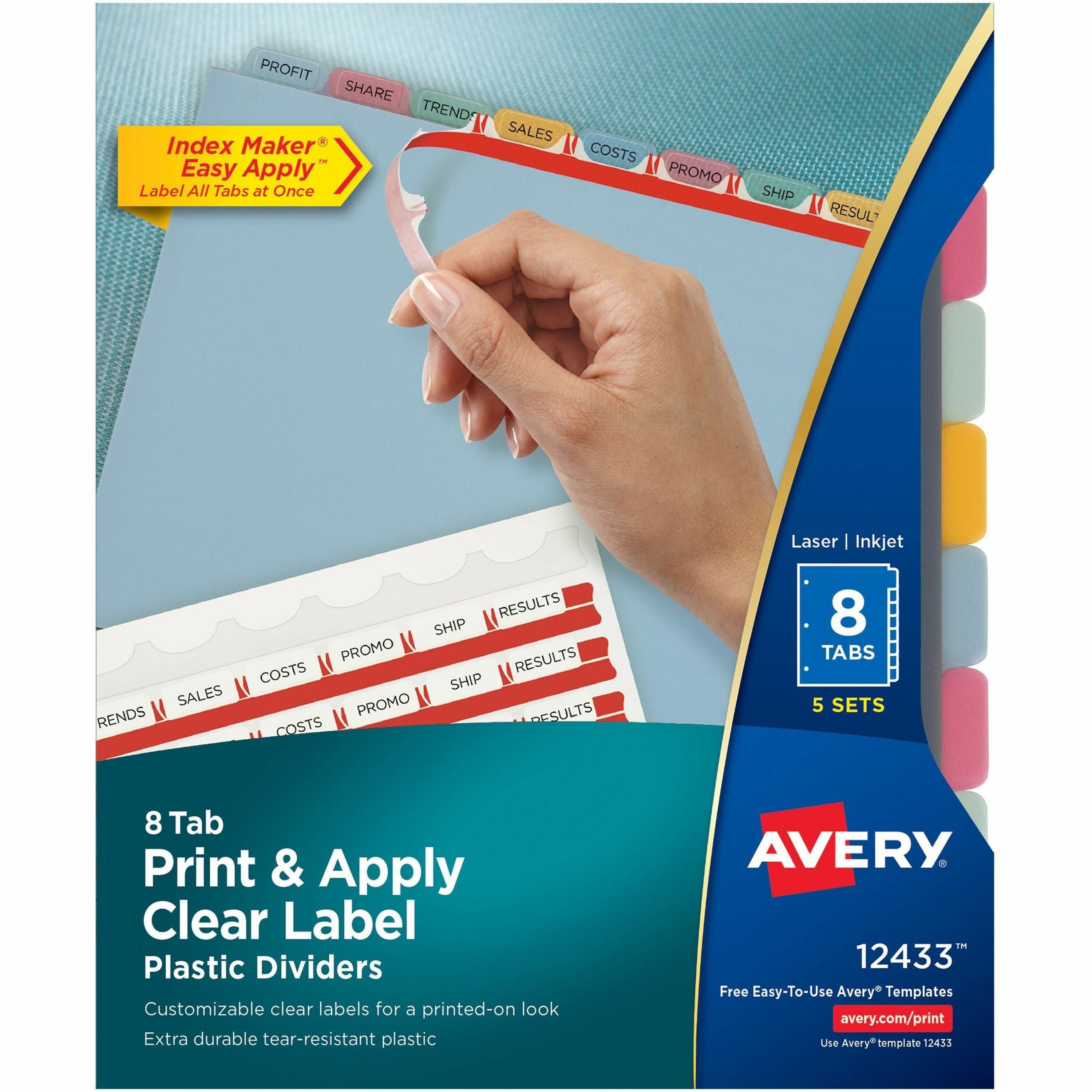 Avery Print & Apply Translucent Dividers, 40 Dividers, 8 Tabs/Set, 8.5" x 11", 3-Hole Punched, Multicolor Plastic Tabs, 1 Pack
