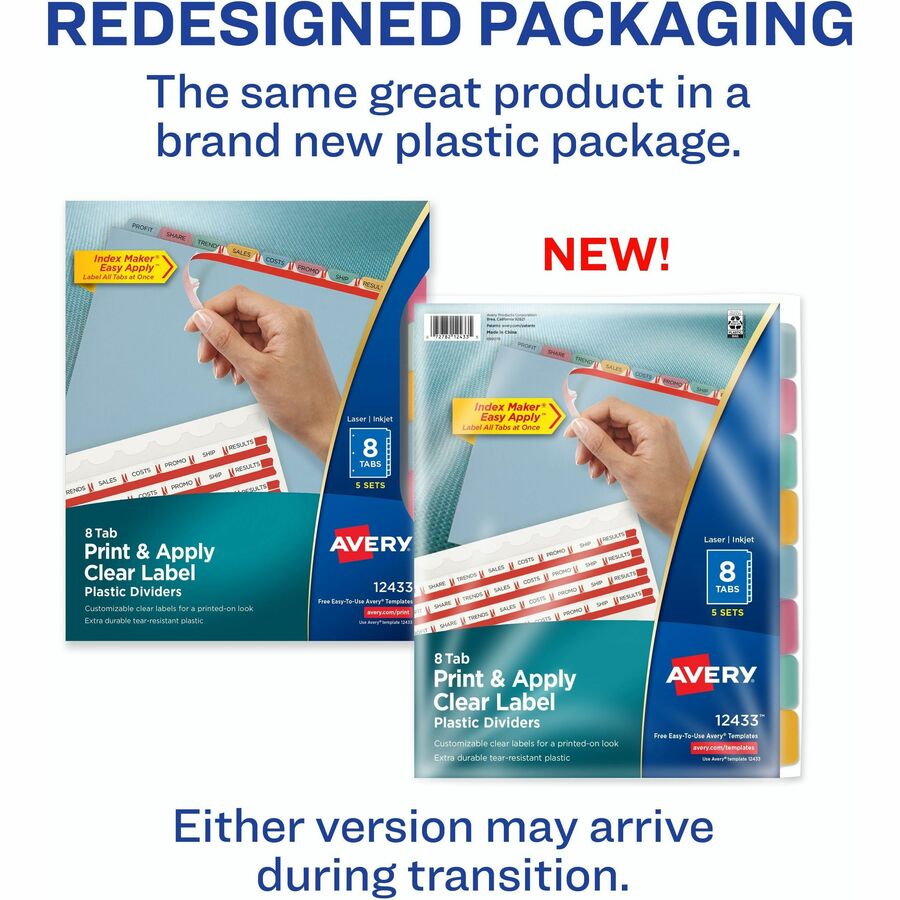 Avery Print & Apply Translucent Dividers, 40 Dividers, 8 Tabs/Set, 8.5" x 11", 3-Hole Punched, Multicolor Plastic Tabs, 1 Pack