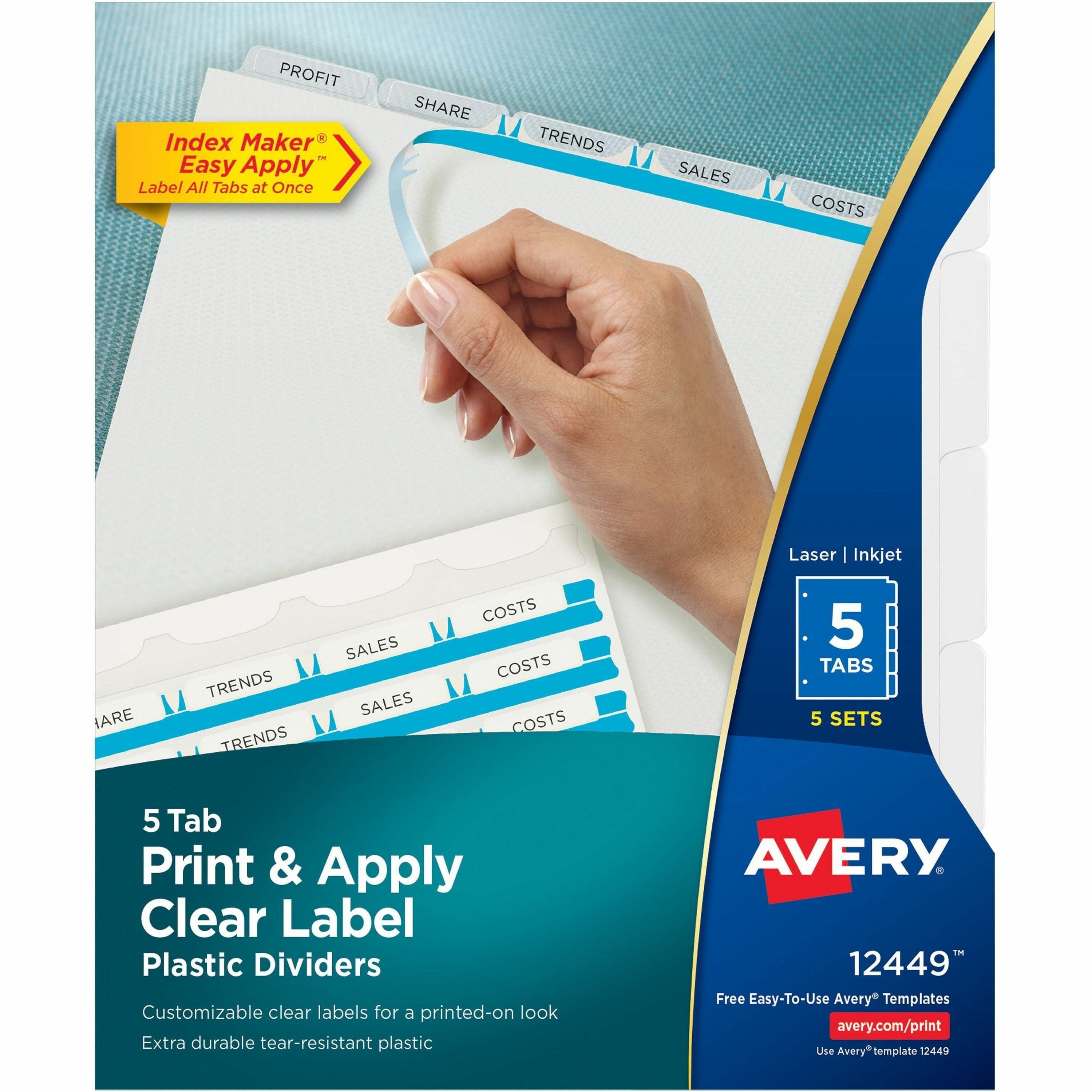 Avery Print & Apply Translucent Dividers, 25 Dividers, 5 Tabs/Set, 8.5" x 11", 3-Hole Punched, Frosted Clear Plastic Tabs, Printable, Customizable, Durable, Tear Resistant, 1 Pack