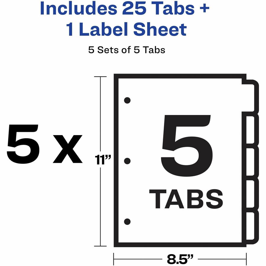 Avery Print & Apply Translucent Dividers, 25 Dividers, 5 Tabs/Set, 8.5" x 11", 3-Hole Punched, Frosted Clear Plastic Tabs, Printable, Customizable, Durable, Tear Resistant, 1 Pack