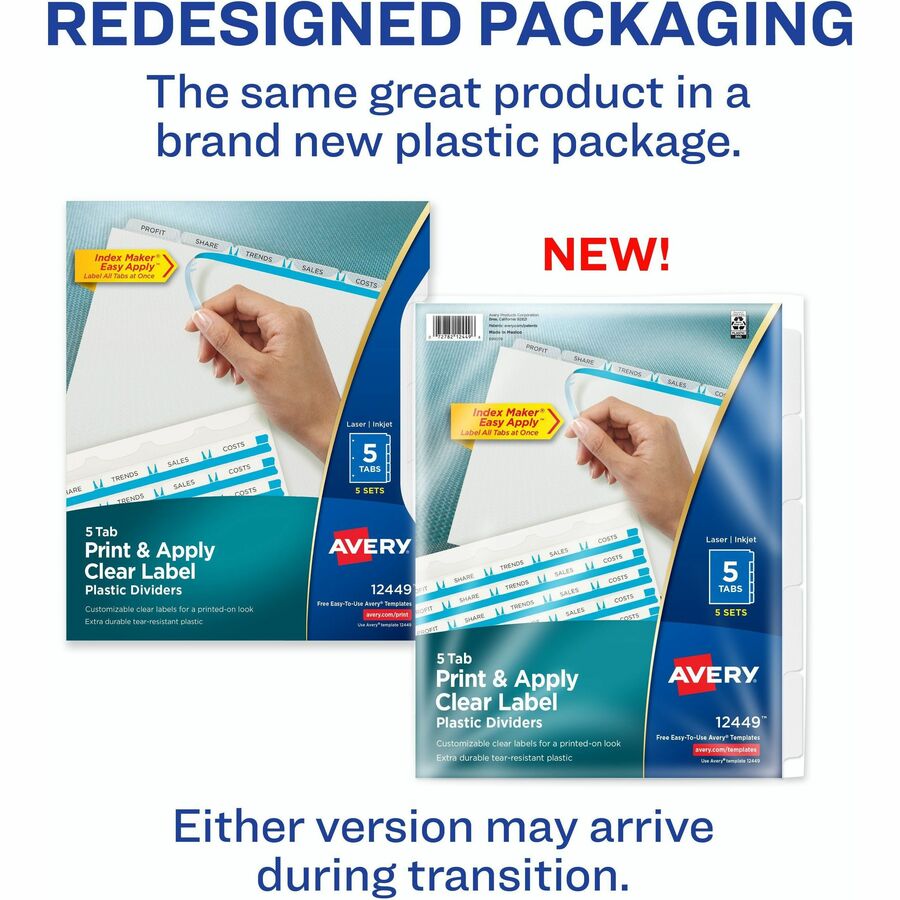 Avery Print & Apply Translucent Dividers, 25 Dividers, 5 Tabs/Set, 8.5" x 11", 3-Hole Punched, Frosted Clear Plastic Tabs, Printable, Customizable, Durable, Tear Resistant, 1 Pack