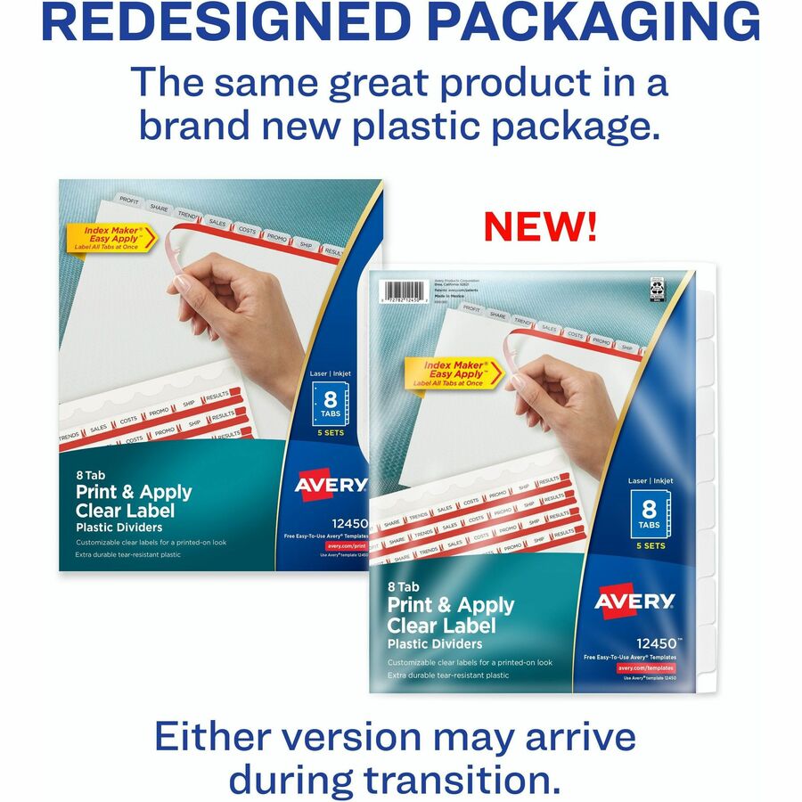 Avery Index Maker Index Divider, 40 Dividers, 8 Tabs/Set, 8.5" x 11", 3-Hole Punched, Translucent Plastic, Frosted Clear Tabs, 1 Pack