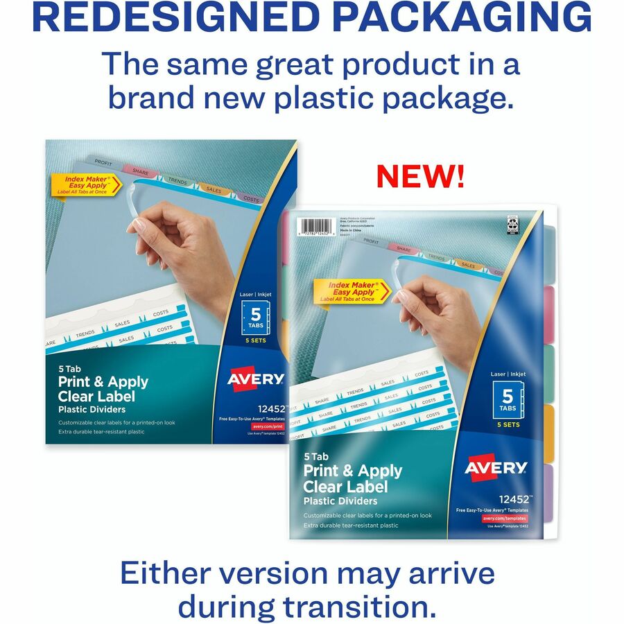 Avery Print & Apply Translucent Dividers, 25 Dividers, 5 Multicolor Print-on Tabs/Set, 8.5" x 11", 3-Hole Punched, Durable Plastic, 1 Pack