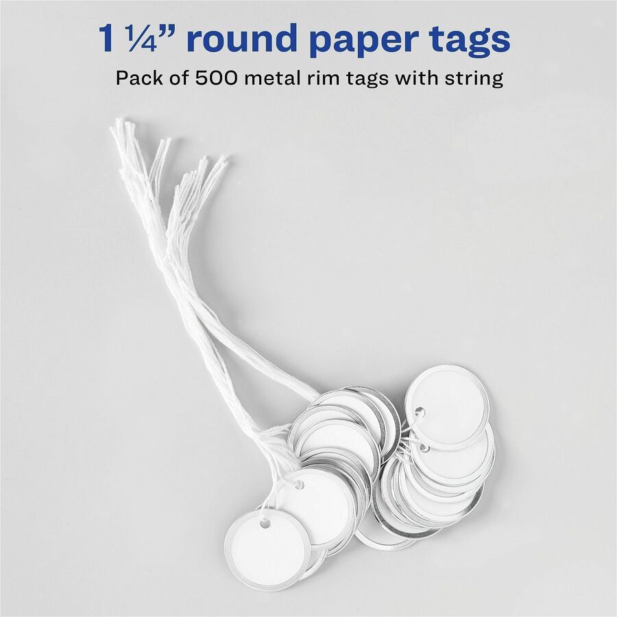 1.25" Diameter - Round - String Fastener - Metal, Card Stock - White - 500 / Box