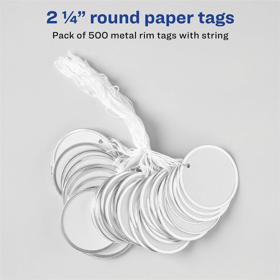 2.25" Diameter - Round - String Fastener - Metal, Card Stock - White - 500 / Box