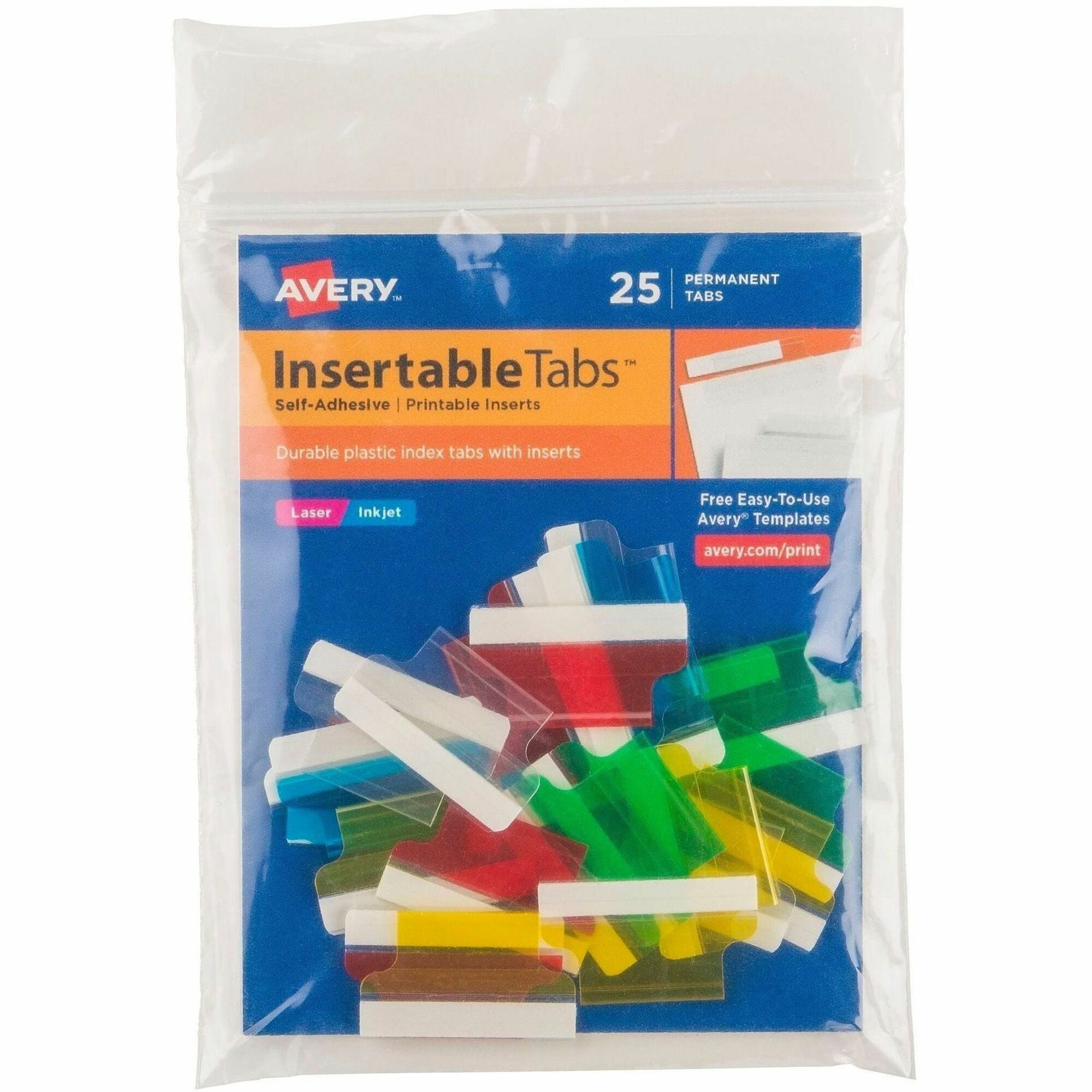 Avery&reg; Index Tabs with Printable Inserts - Print-on Tab(s) - 1" Tab Height - Self-adhesive, Permanent - Assorted Plastic Tab(s) - 1 Pack
