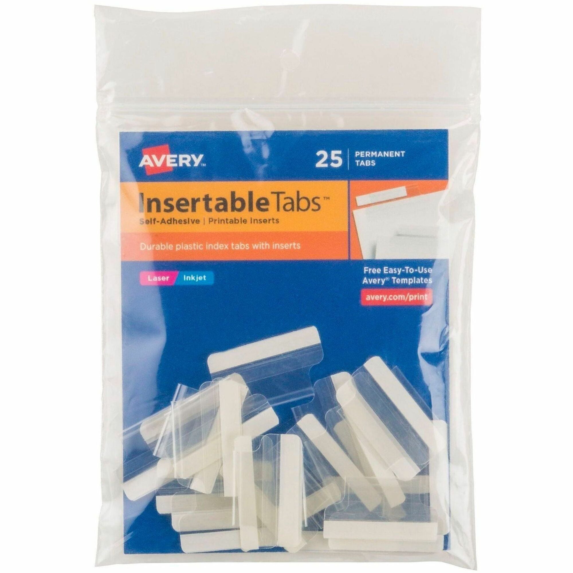 Avery&reg; Index Tabs with Printable Inserts - Print-on Tab(s) - 1" Tab Height - Self-adhesive, Permanent - Clear Plastic Tab(s) - 1 Pack