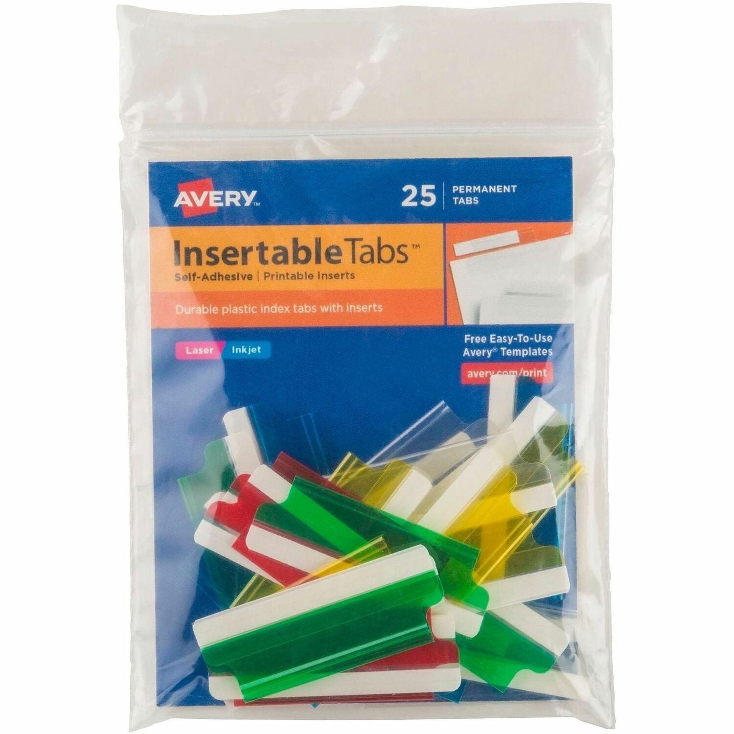 Avery&reg; Index Tabs with Printable Inserts - Print-on Tab(s) - 2" Tab Height - Self-adhesive, Permanent - Assorted Plastic Tab(s) - 1 Pack