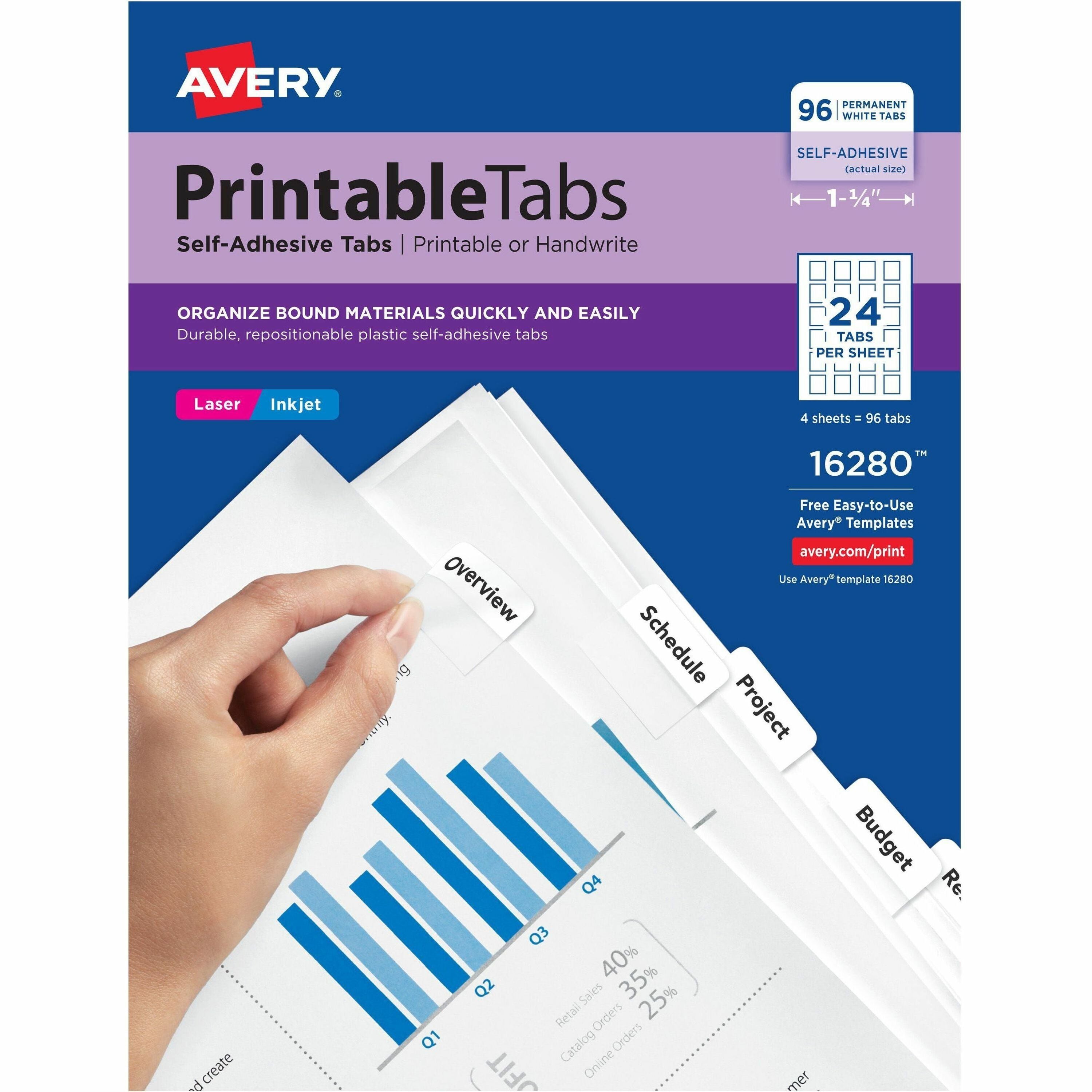 Avery&reg; Printable Repositionable Tabs - 96 Tab(s) - 1.25" Tab Width - Permanent - Paper Divider - White Paper Tab(s) - 96 / Pack