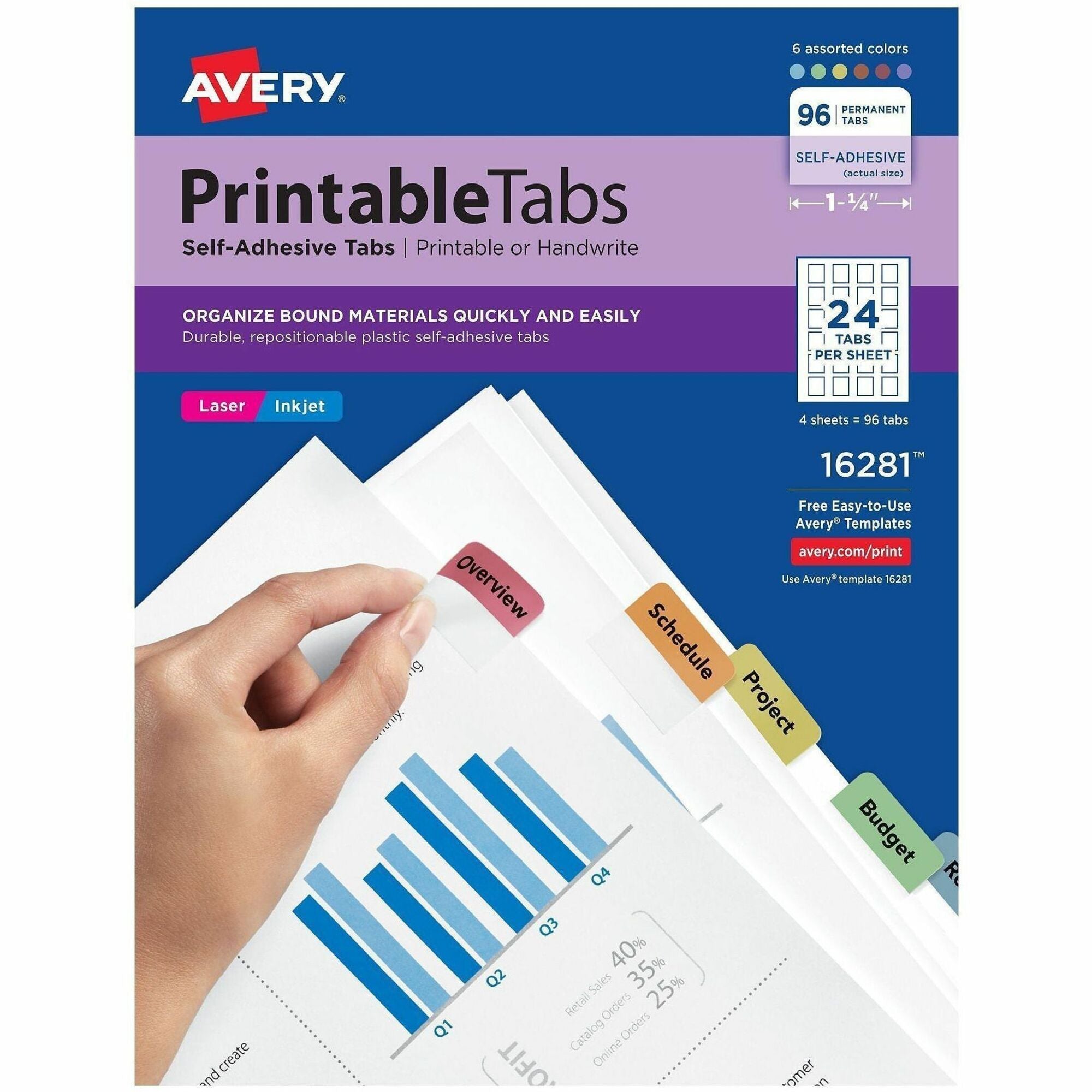 Avery&reg; Printable Repositionable Tabs - 96 Tab(s) - 1.25" Tab Width - Permanent - Paper Divider - Assorted Paper Tab(s) - 96 / Pack