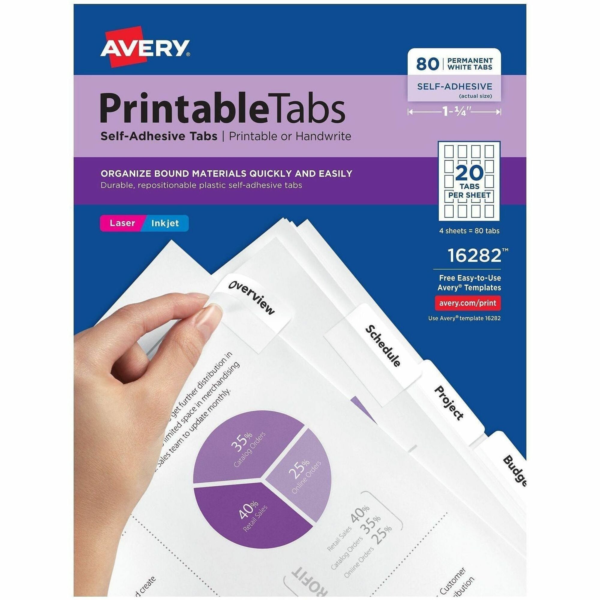 Avery&reg; Printable Repositionable Tabs - 80 Tab(s) - 1.75" Tab Width - Permanent - Paper Divider - White Paper Tab(s) - 80 / Pack