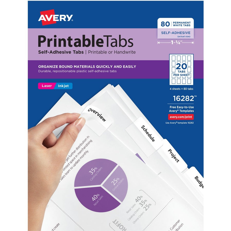 Avery&reg; Printable Repositionable Tabs - 80 Tab(s) - 1.75" Tab Width - Permanent - Paper Divider - White Paper Tab(s) - 80 / Pack