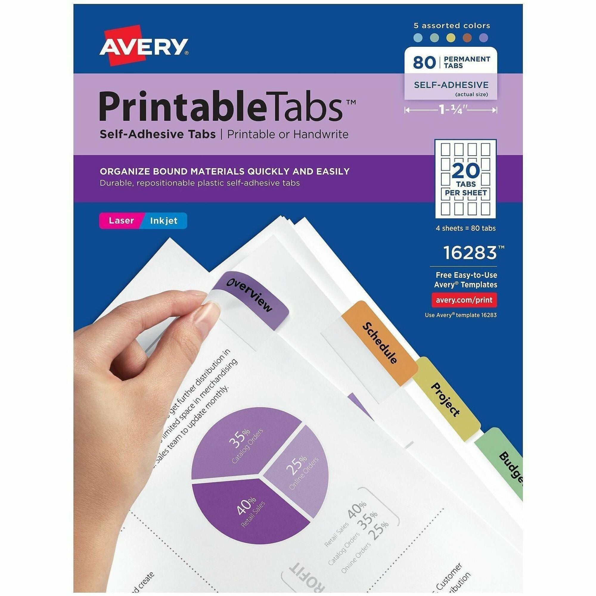 Avery&reg; Printable Repositionable Tabs - 80 Tab(s) - 1.75" Tab Width - Permanent - Paper Divider - Assorted Paper Tab(s) - 80 / Pack