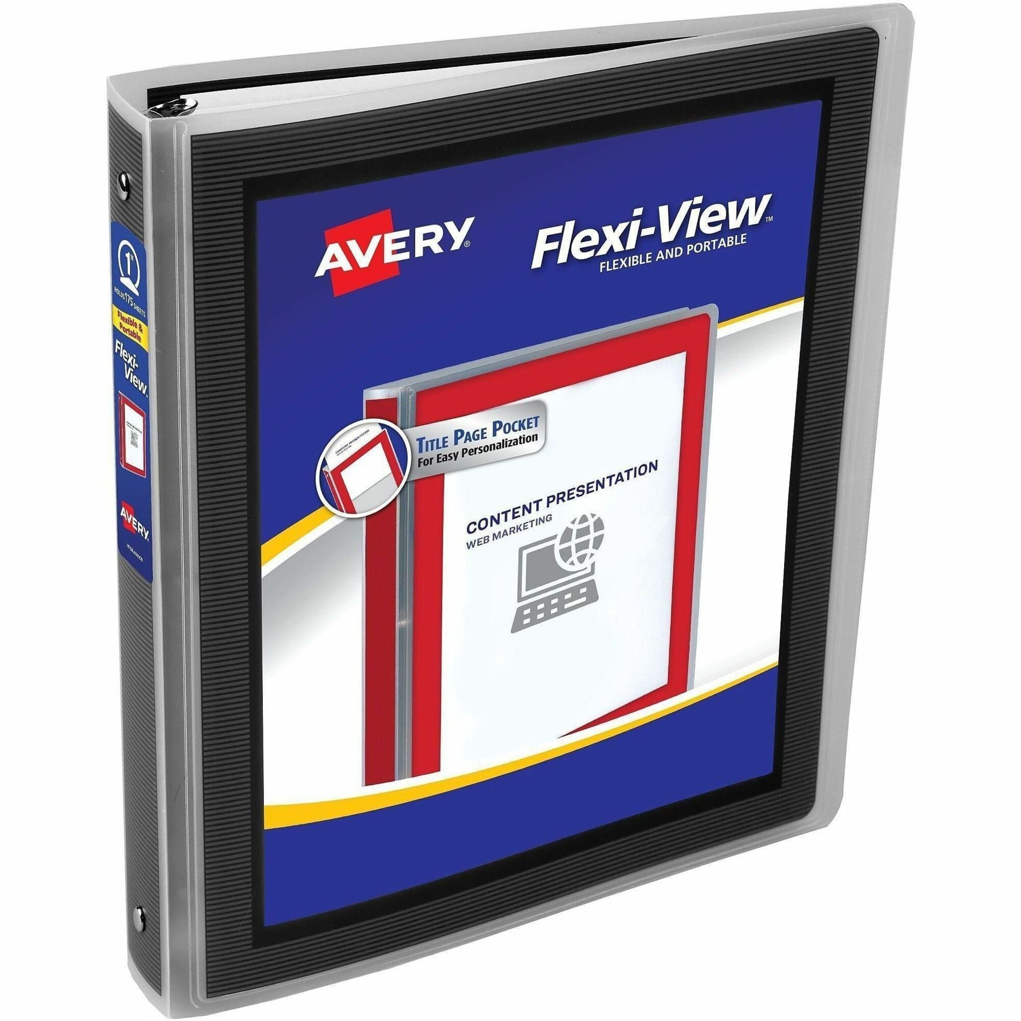 Avery Flexi-View 3 Ring Binder, 1" Capacity, Letter Size, 8.5" x 11", 175 Sheet Capacity, 1 Internal Pocket, Black, Polypropylene, Lightweight, Durable, Business Card Holder, PVC-free, 1 Each