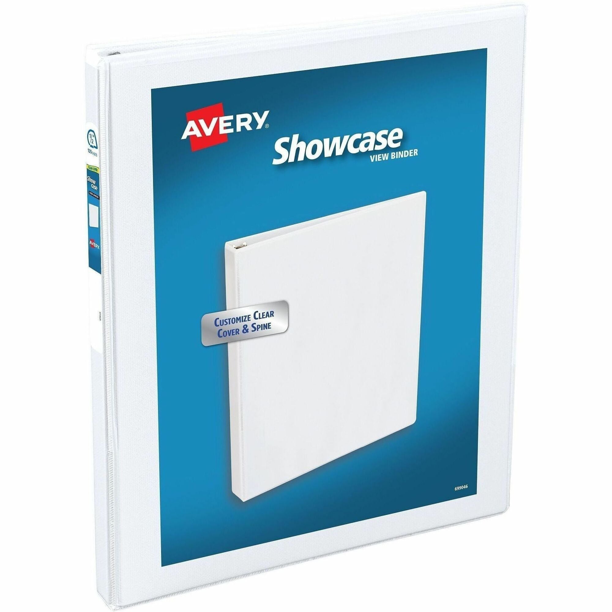 Avery Showcase Economy View Binder, 1/2" Capacity, 3 Round Rings, Letter Size (8.5" x 11"), 100 Sheet Capacity, 2 Inside Pockets, White, Clear Overlay, 1 Each