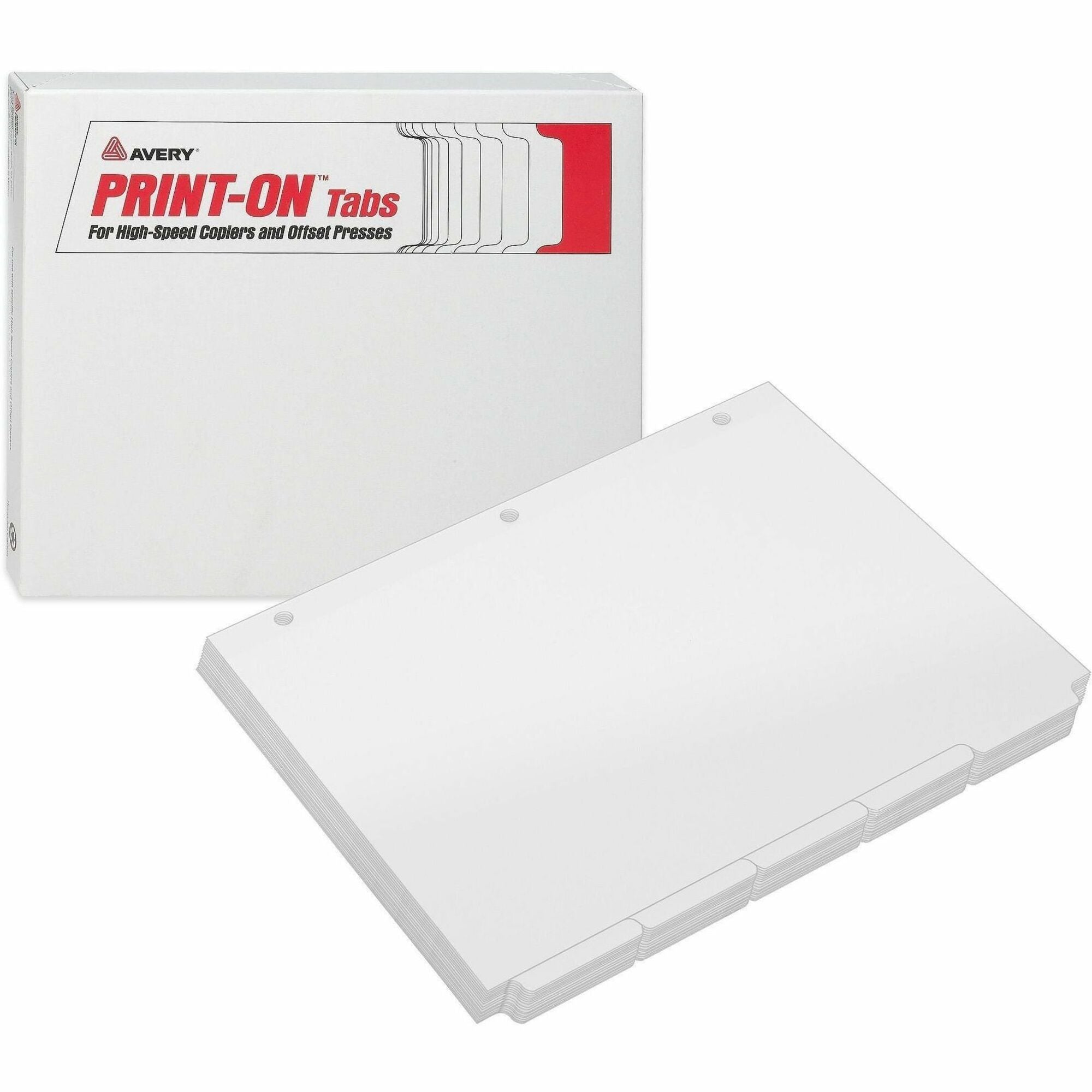 Avery Print-On 3-Hole Punched High-Speed Copier Tabs, 150 Dividers, 150 Print-on Tabs, 5 Tabs per Set, 30 Sets, 8.5" x 11", White, 20% Recycled, Heavy Duty, Tear and Bend Resistant