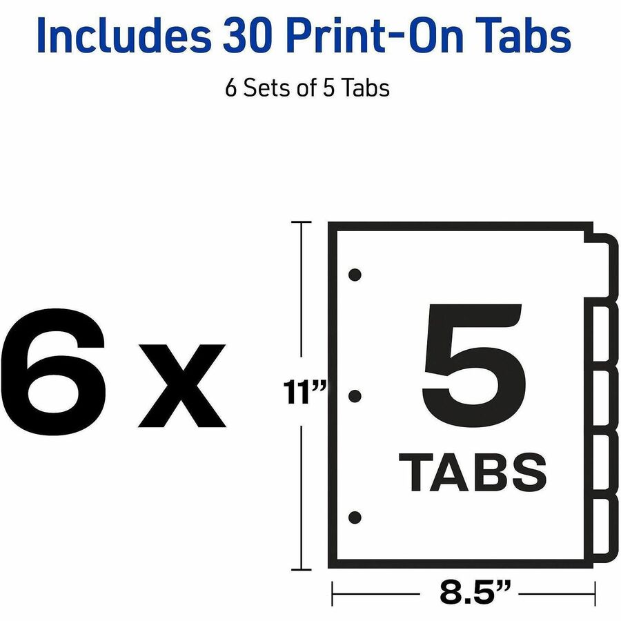 Avery Print-On 3-Hole Punched High-Speed Copier Tabs, 150 Dividers, 150 Print-on Tabs, 5 Tabs per Set, 30 Sets, 8.5" x 11", White, 20% Recycled, Heavy Duty, Tear and Bend Resistant
