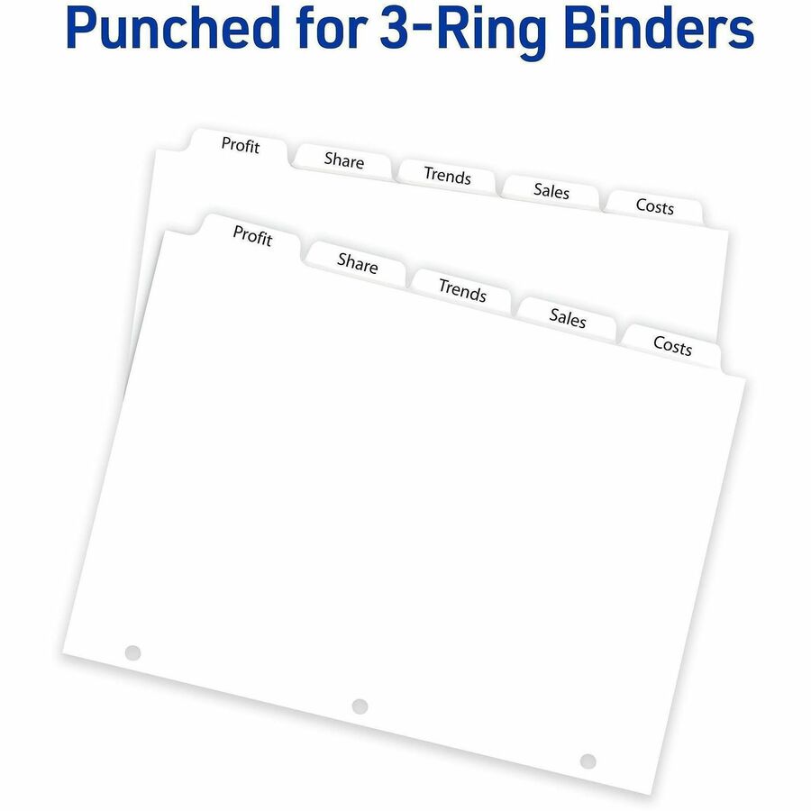 Avery Print-On 3-Hole Punched High-Speed Copier Tabs, 150 Dividers, 150 Print-on Tabs, 5 Tabs/Set, 30 Sets, 8.5" x 11", White, 20% Recycled, Gold Reinforced Edge, Heavy Duty, Tear Resistant