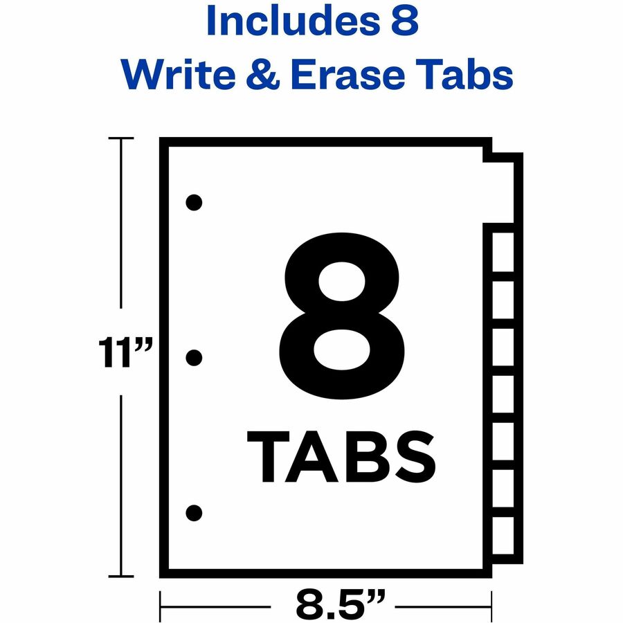 8 x Divider(s) - 8 Write-on Tab(s) - 8 - 8 Tab(s)/Set - 8.5" Divider Width x 11" Divider Length - 3 Hole Punched - White Paper Divider - White Paper Tab(s) - 20% - Hole-punched, Writable, Erasable, Sturdy, Reinforced Hole - 1 Set