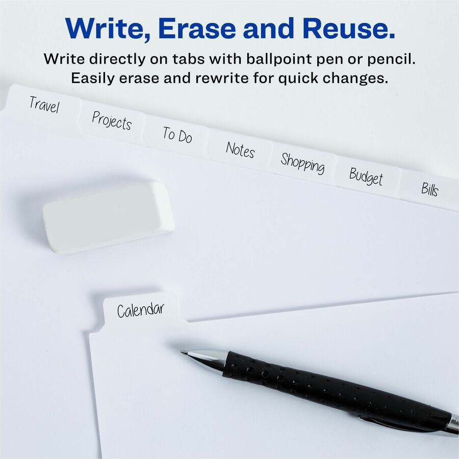 8 x Divider(s) - 8 Write-on Tab(s) - 8 - 8 Tab(s)/Set - 8.5" Divider Width x 11" Divider Length - 3 Hole Punched - White Paper Divider - White Paper Tab(s) - 20% - Hole-punched, Writable, Erasable, Sturdy, Reinforced Hole - 1 Set
