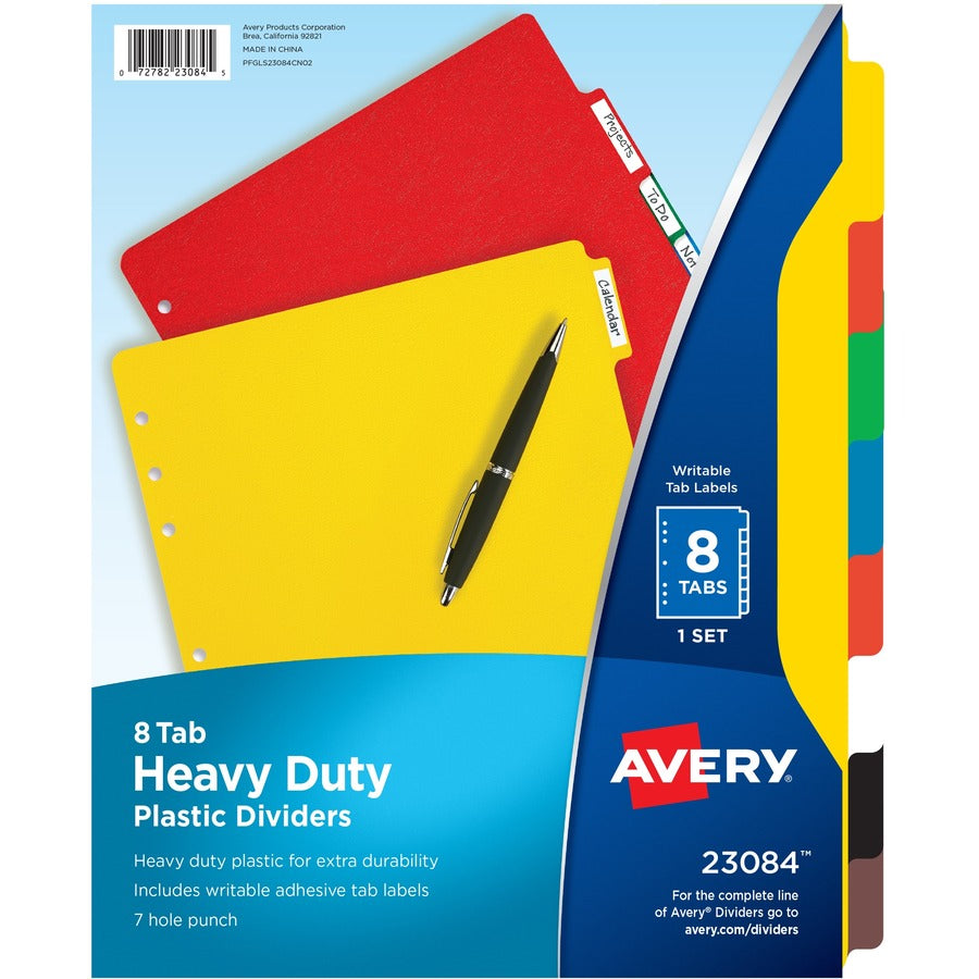Avery&reg; Plastic Tab Dividers w/ White Labels - 8 x Divider(s) - 8 Tab(s) - 8 - 8 Tab(s)/Set - 8.5" Divider Width x 11" Divider Length - 7 Hole Punched - Self-adhesive - Multicolor Plastic Divider - Multicolor Plastic Tab(s) - 8 / Set
