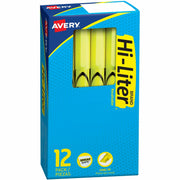 Avery&reg; Pen-Style Fluorescent Highlighters - Chisel Marker Point - Washable - Fluorescent Yellow Ink - Yellow Barrel - 1 Dozen