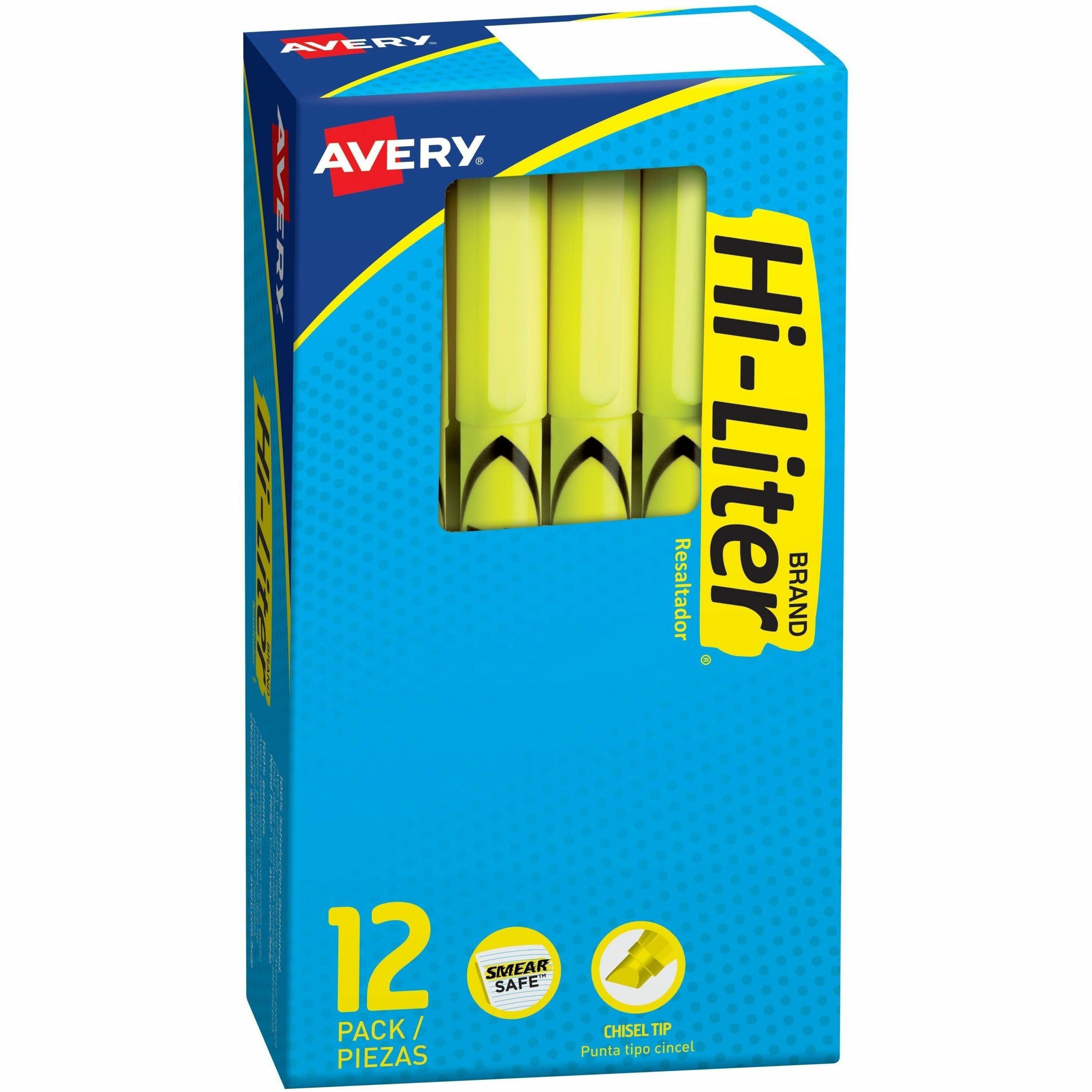 Avery&reg; Pen-Style Fluorescent Highlighters - Chisel Marker Point - Washable - Fluorescent Yellow Ink - Yellow Barrel - 1 Dozen