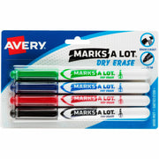 Avery&reg; Marks A Lot Pen-Style Dry Erase Markers - Bullet Marker Point - Erasable - Washable - Black, Red, Blue, Green Ink - Black, Red, Blue, Green, White Barrel - 4 / Pack