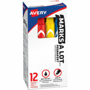 Avery&reg; Marks A Lot Marks A Lot Permanent Markers - Large Desk-Style Size - Chisel Marker Point - Black, Blue, Orange, Green, Purple, Yellow Ink - 12 / Set