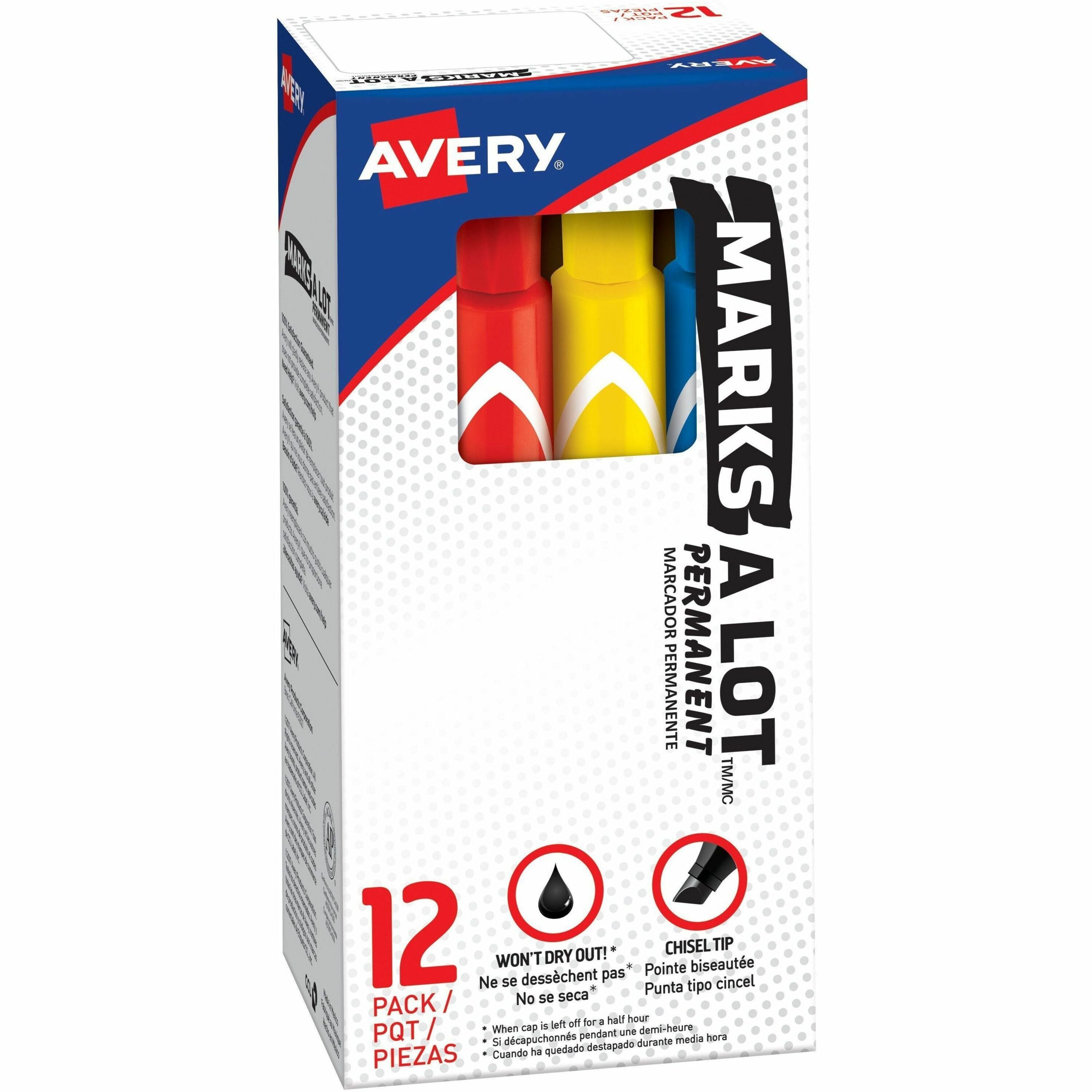 Avery&reg; Marks A Lot Marks A Lot Permanent Markers - Large Desk-Style Size - Chisel Marker Point - Black, Blue, Orange, Green, Purple, Yellow Ink - 12 / Set