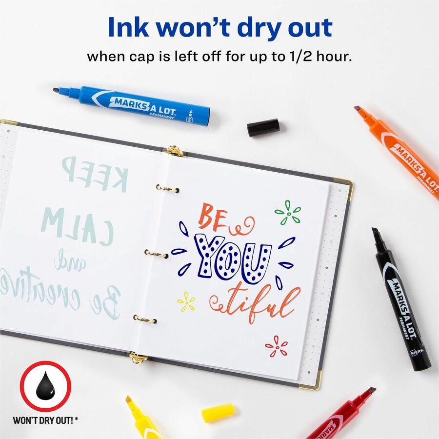 Avery&reg; Marks A Lot Marks A Lot Permanent Markers - Large Desk-Style Size - Chisel Marker Point - Black, Blue, Orange, Green, Purple, Yellow Ink - 12 / Set