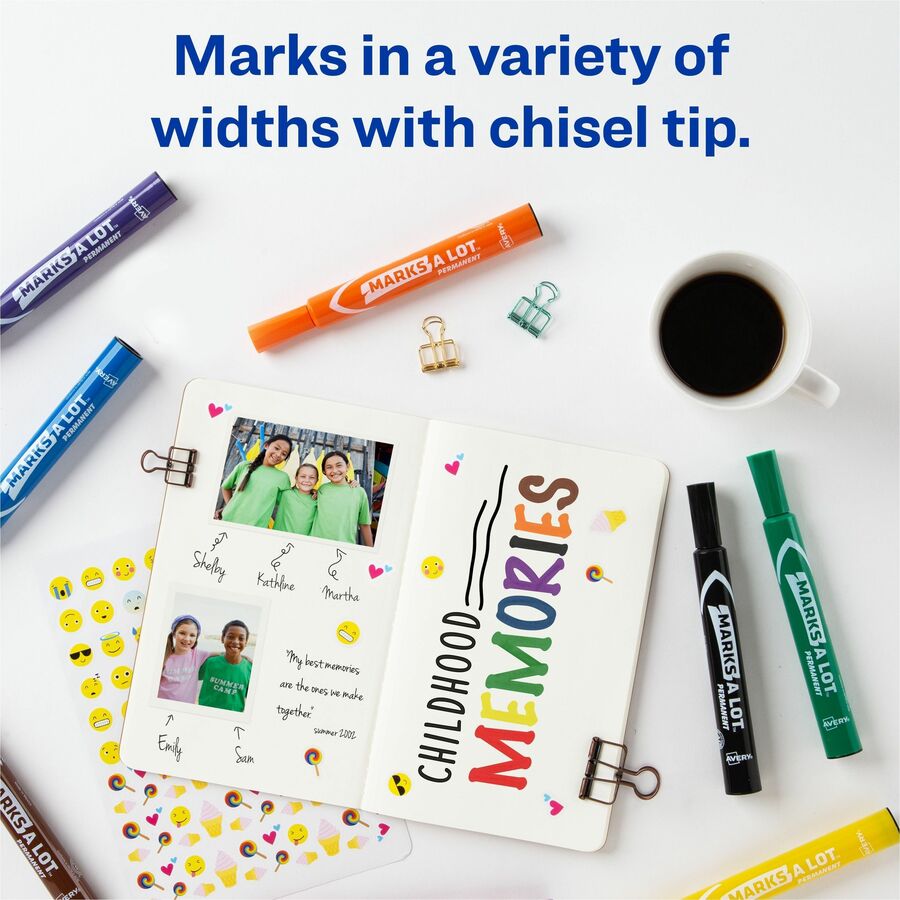 Avery&reg; Marks A Lot Marks A Lot Permanent Markers - Large Desk-Style Size - Chisel Marker Point - Black, Blue, Orange, Green, Purple, Yellow Ink - 12 / Set