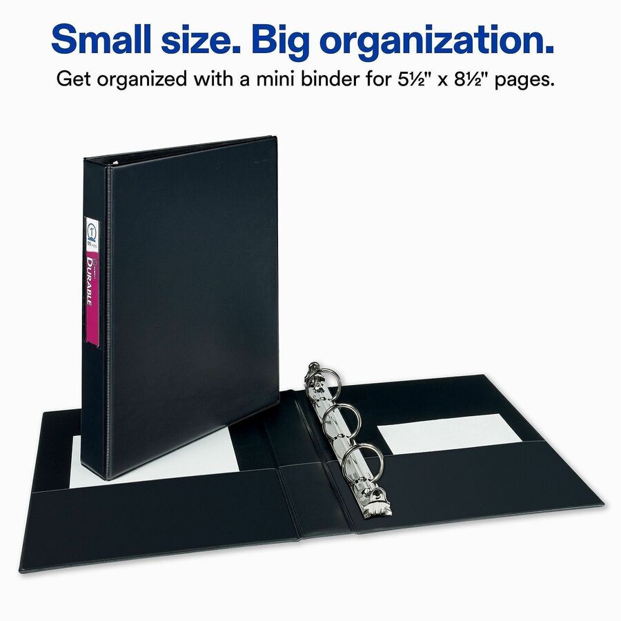 Avery&reg; Mini Durable Binder - 1" Binder Capacity - 8 1/2" x 5 1/2" Sheet Size - 175 Sheet Capacity - 3 Ring(s) - Fastener(s): Round Ring - Pocket(s): 2, Internal - Vinyl - Black - Gap-free Ring, Label Holder, Stacked Pocket, Rivet - 1 Each