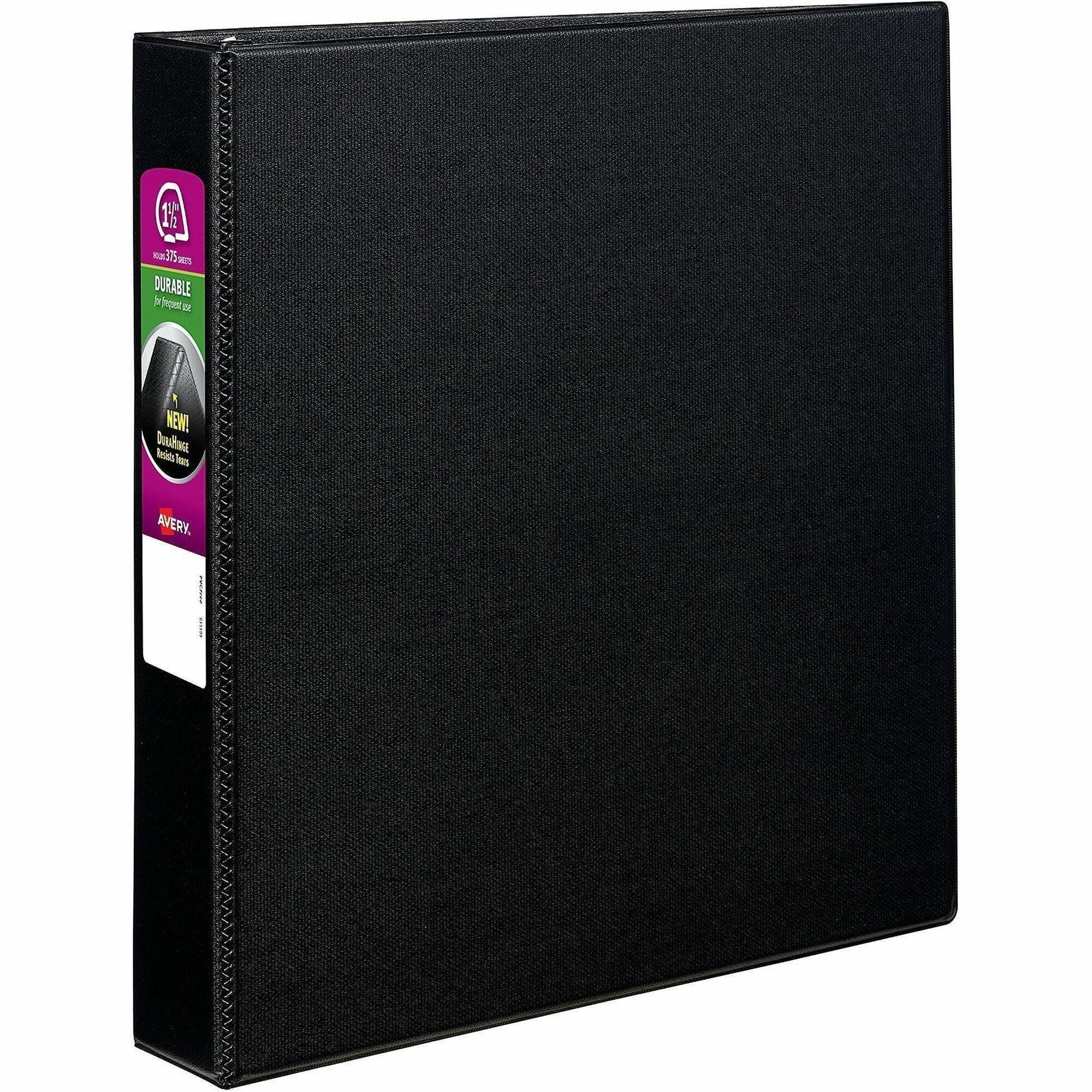 Avery Durable Binder, DuraHinge, 1.5" Capacity, 3 Slant D-Rings, 375 Sheet, Letter Size (8.5" x 11"), 2 Internal Pockets, Black, 1 Each, Recycled Content