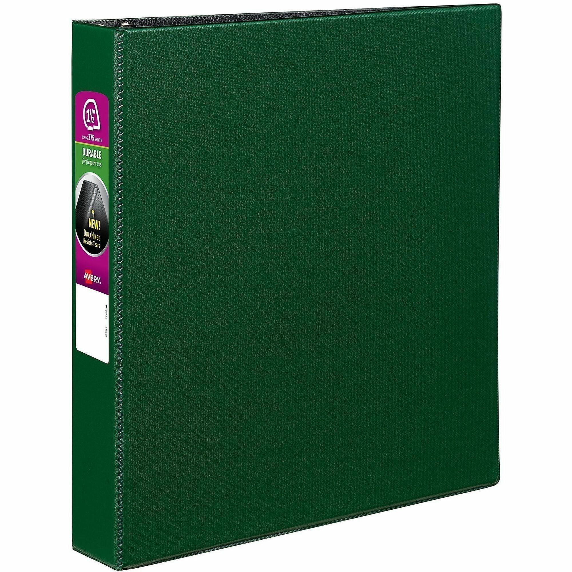 Avery Durable Binder, DuraHinge, 1 1/2" Capacity, Letter Size (8 1/2" x 11"), 375 Sheet, 3 Slant D-Rings, 2 Internal Pockets, Green, Recycled, 1 Each