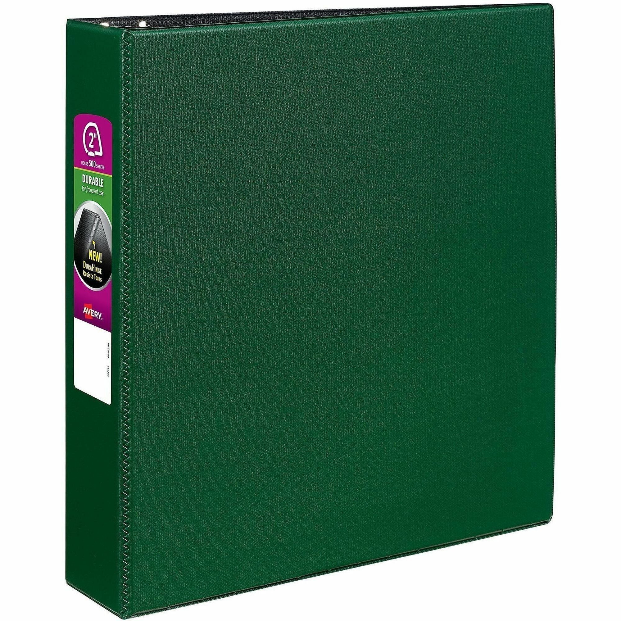 Avery Durable Binder with DuraHinge, 2" Capacity, 3 Slant D-Rings, Letter Size (8.5" x 11"), 500 Sheet Capacity, 2 Internal Pockets, Green, Recycled, 1 Each