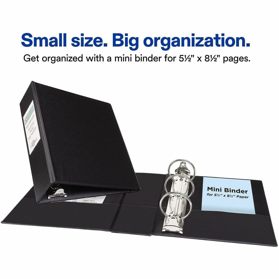 Avery&reg; Mini Durable Binder - 2" Binder Capacity - 8 1/2" x 5 1/2" Sheet Size - 375 Sheet Capacity - 3 Ring(s) - Fastener(s): Round Ring - Pocket(s): 2, Internal - Vinyl - Black - Gap-free Ring, Label Holder, Stacked Pocket, Rivet - 1 Each