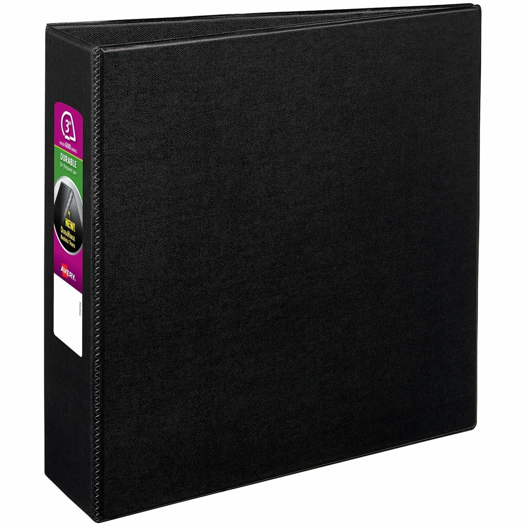 Avery Durable Binder, DuraHinge, 3" Slant D-Ring, 600 Sheet Capacity, Letter Size 8.5" x 11", 2 Internal Pockets, Black, 1 Each, Recycled Content
