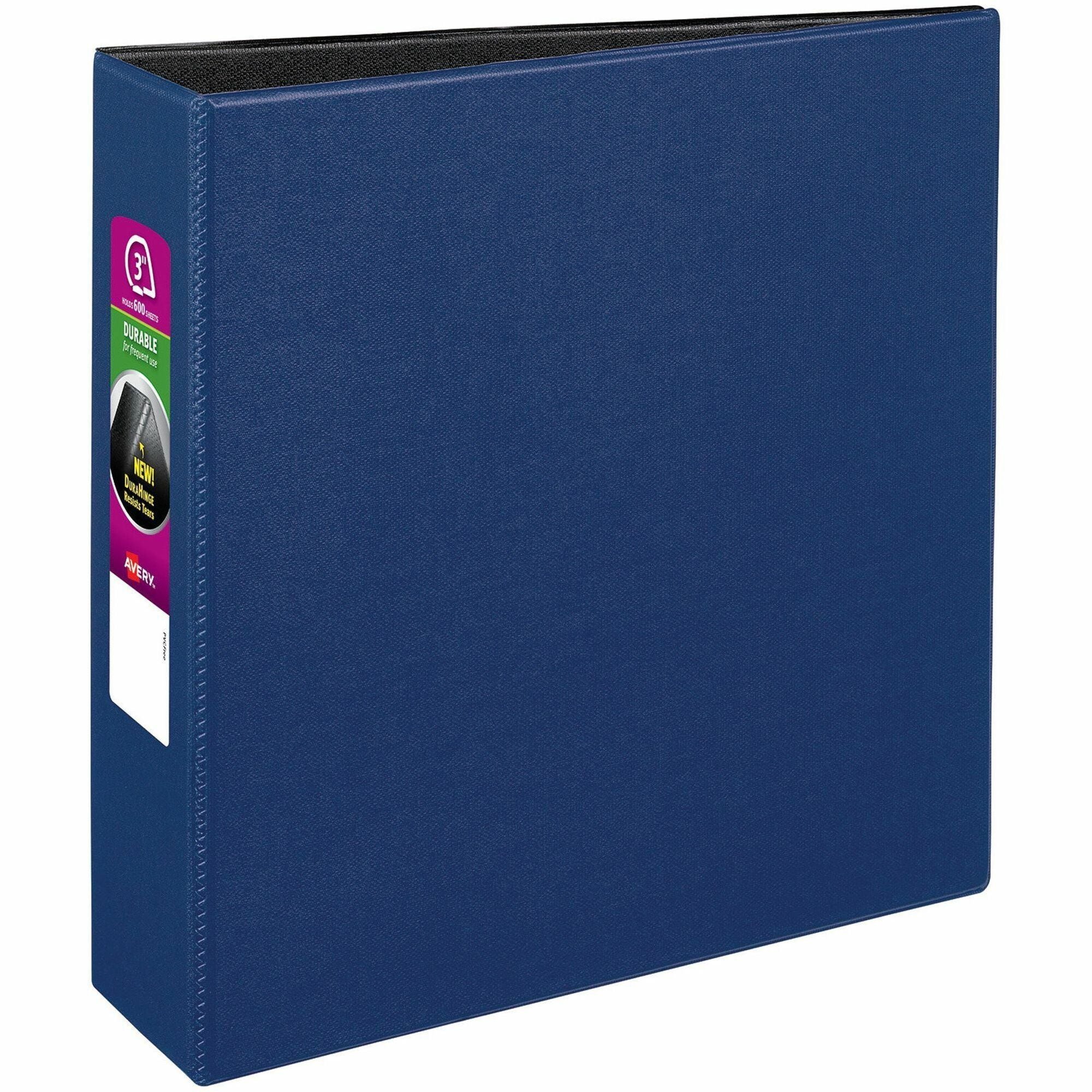 Avery Durable Binder DuraHinge, 3" Capacity, 3 Slant D-Rings, Letter Size 8.5" x 11", 600 Sheet Capacity, 2 Internal Pockets, Blue, 1 Each, Recycled Content