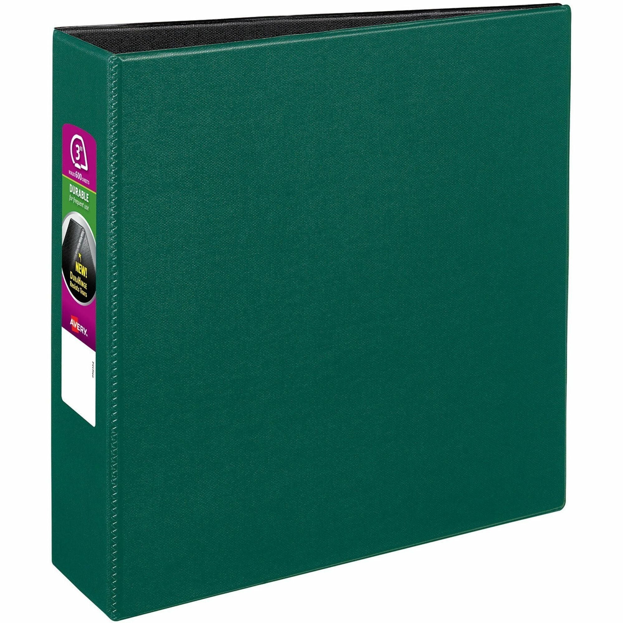 Avery Durable Binder with DuraHinge, 3" Slant D-Ring, Letter Size (8.5" x 11"), 600 Sheet Capacity, 2 Internal Pockets, Green, 1 Each, Recycled Content