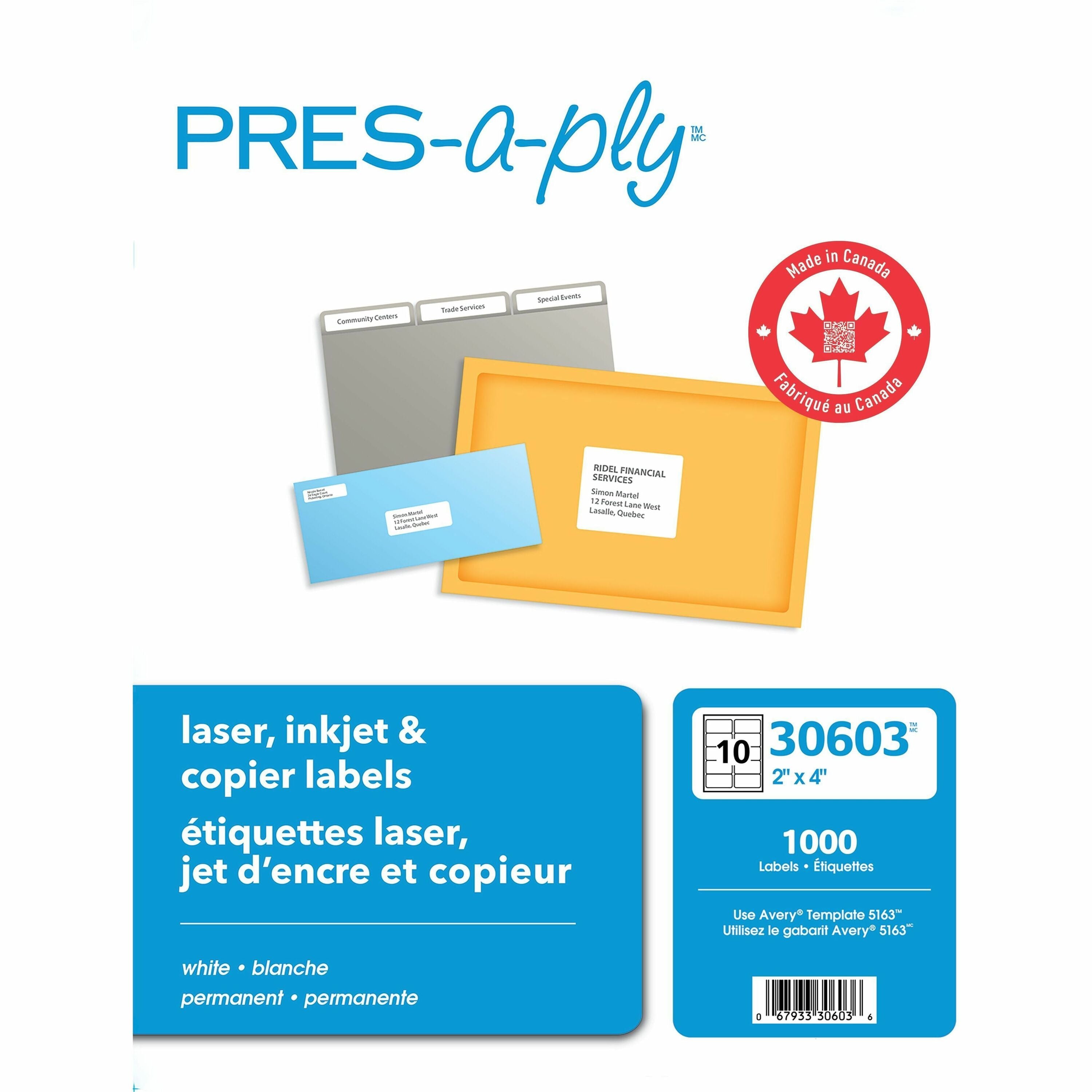 PRES-a-ply White Labels - 2" Width x 4" Length - Permanent Adhesive - Rectangle - Laser, Inkjet - Matte - White - Paper - Permanent Adhesive - 10 / Sheet - 100 Total Sheets - 1000 Total Label(s) - 1000 / Box